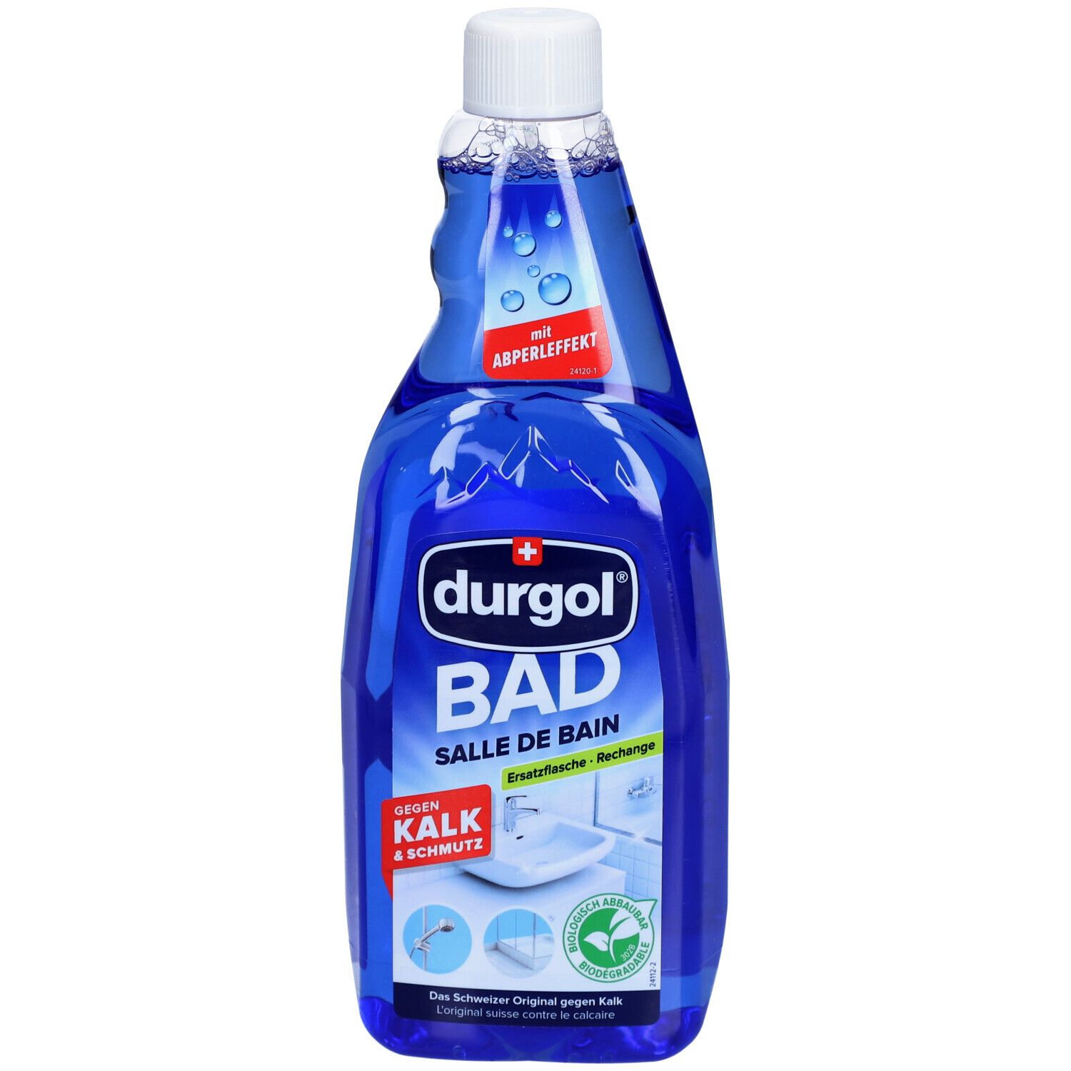 Blaue Flasche mit weißem Deckel. Aufschrift: durgol BAD, Salle de Bain, gegen Kalk & Schmutz. Mit Abperleffekt.