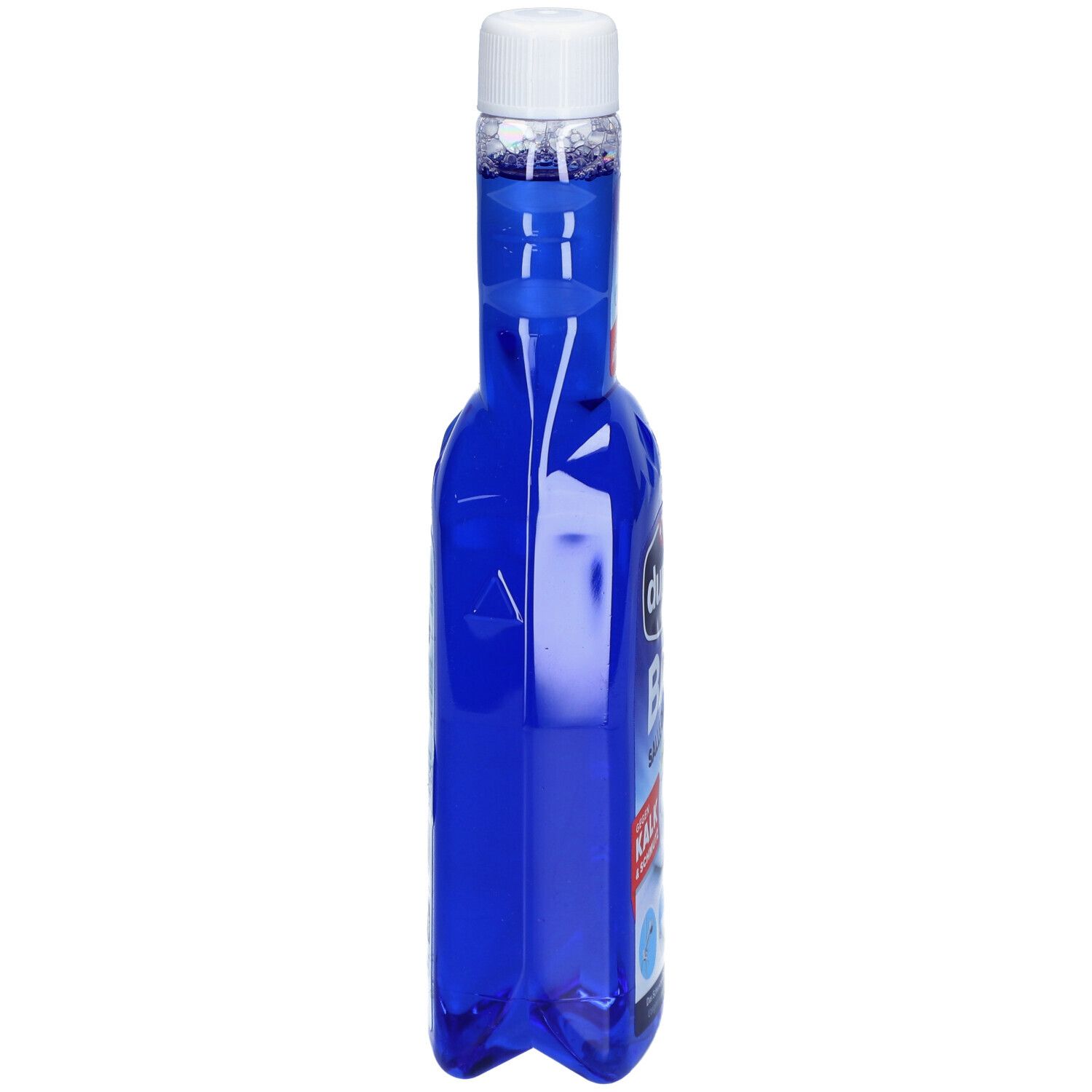 Blaue Flasche mit weißem Deckel. Seitenansicht. Aufschrift: durgol BAD. Mit Abperleffekt.