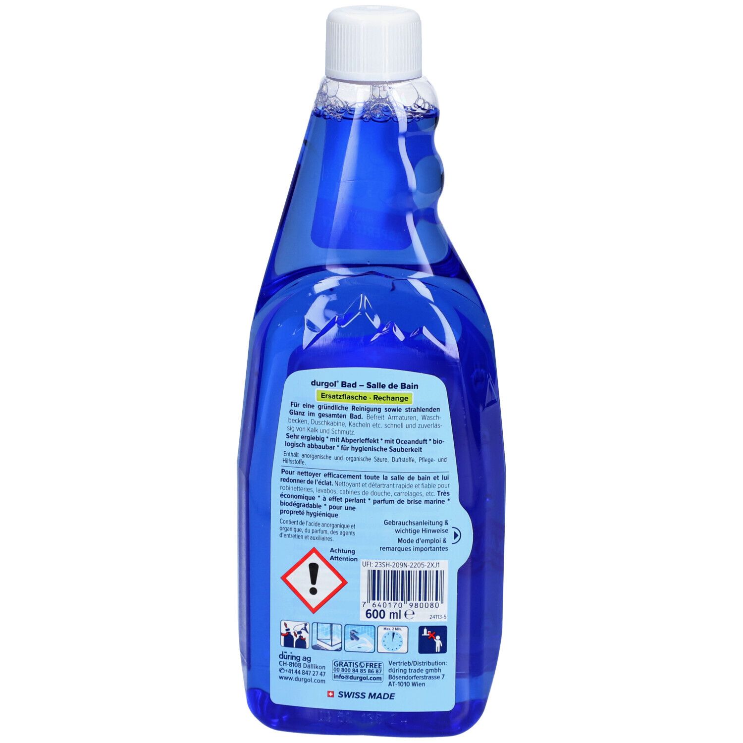 Rückseite der blauen Flasche mit weißem Deckel. Textinformationen und Warnhinweise. Aufschrift: durgol BAD.