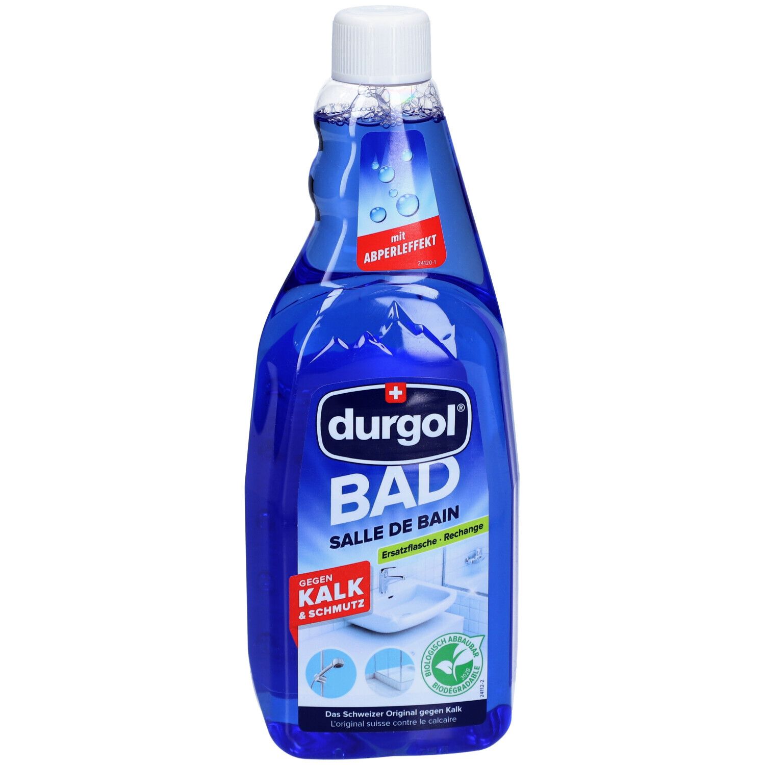 Blaue Flasche mit weißem Deckel. Aufschrift: durgol BAD, Salle de Bain, gegen Kalk & Schmutz. Mit Abperleffekt.
