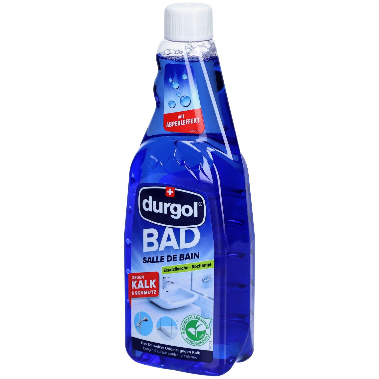 Blaue Flasche mit weißem Deckel. Aufschrift: durgol BAD, Salle de Bain, gegen Kalk & Schmutz. Mit Abperleffekt.