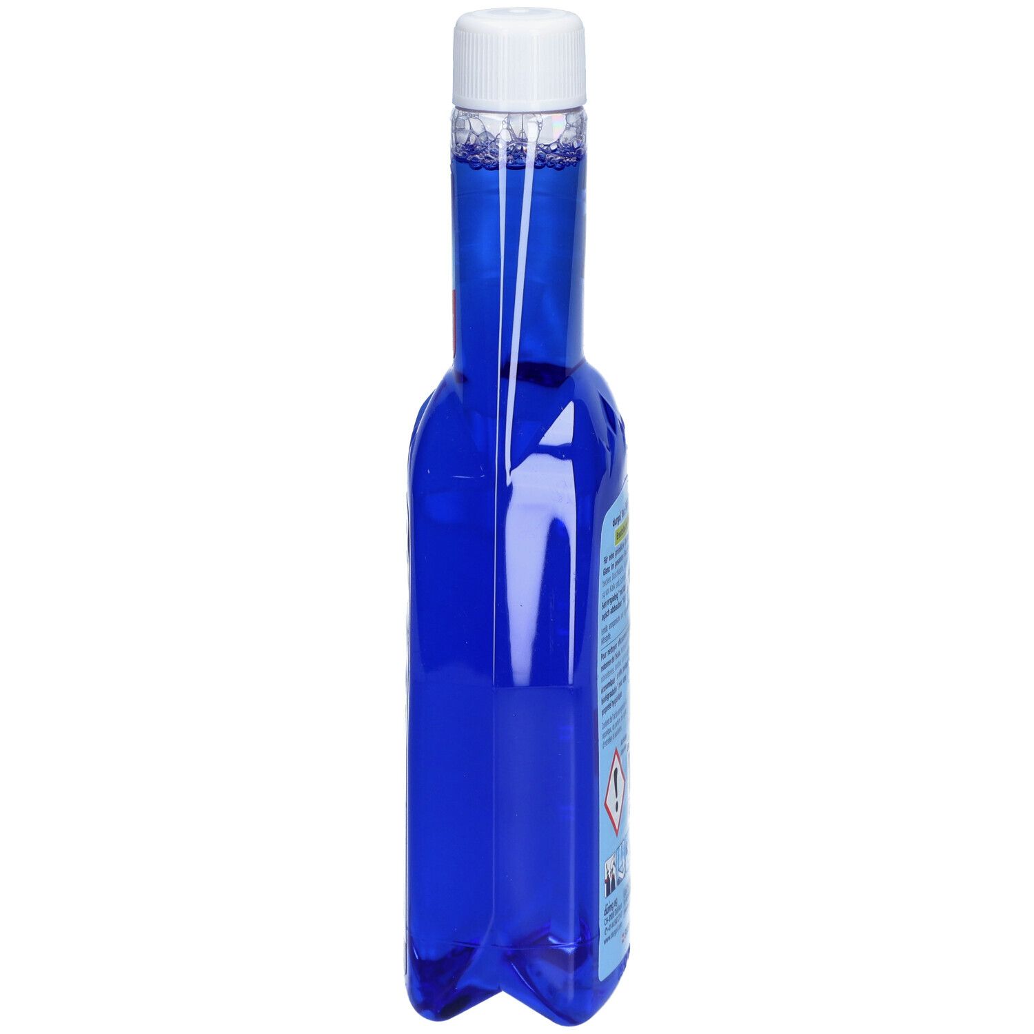 Blaue Flasche mit weißem Deckel. Seitenansicht. Aufschrift: durgol BAD. Warnhinweise.