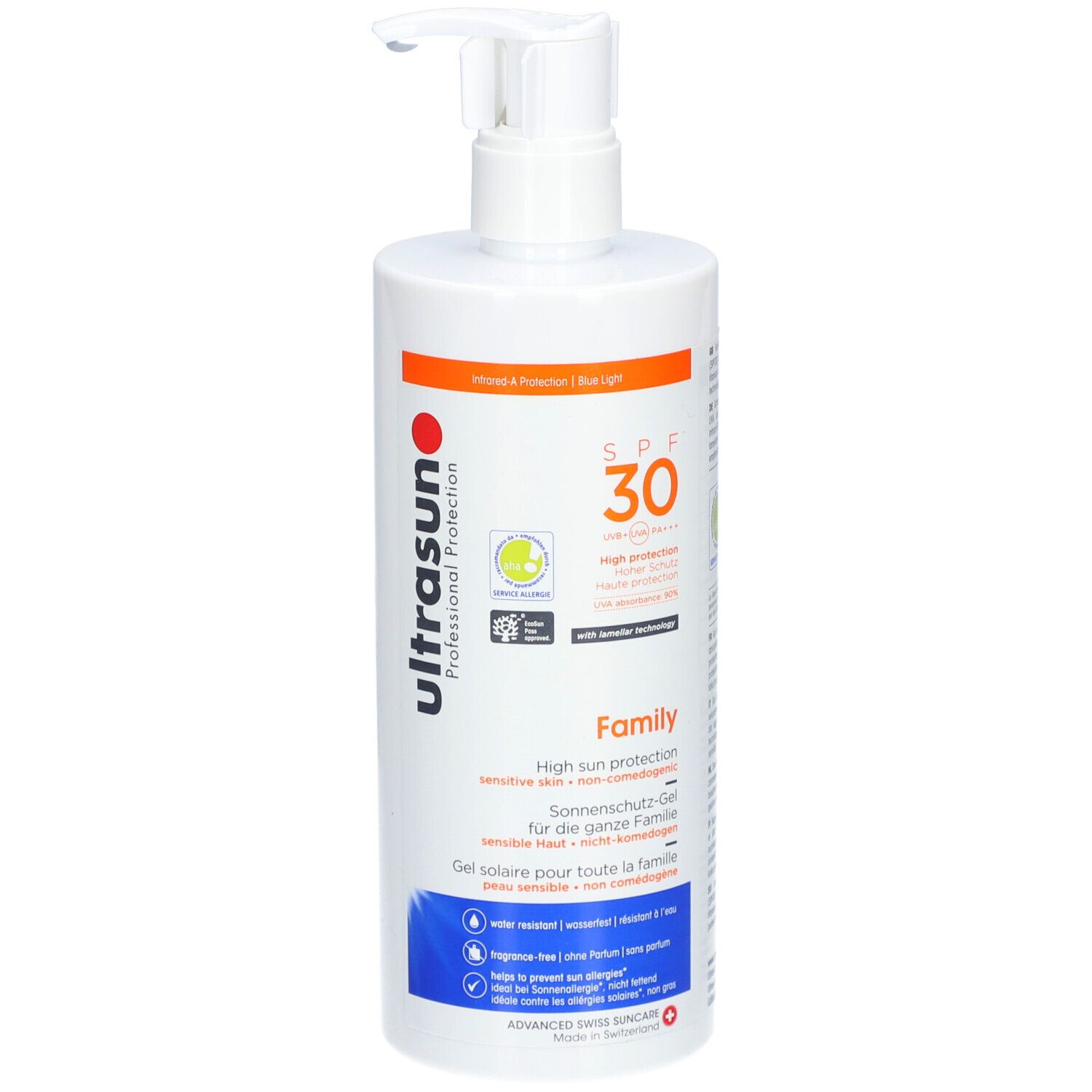 Flacon blanc avec pompe doseuse. Inscription SPF 30, Family, gel solaire. Logo : Ultrasun Professional Protection.