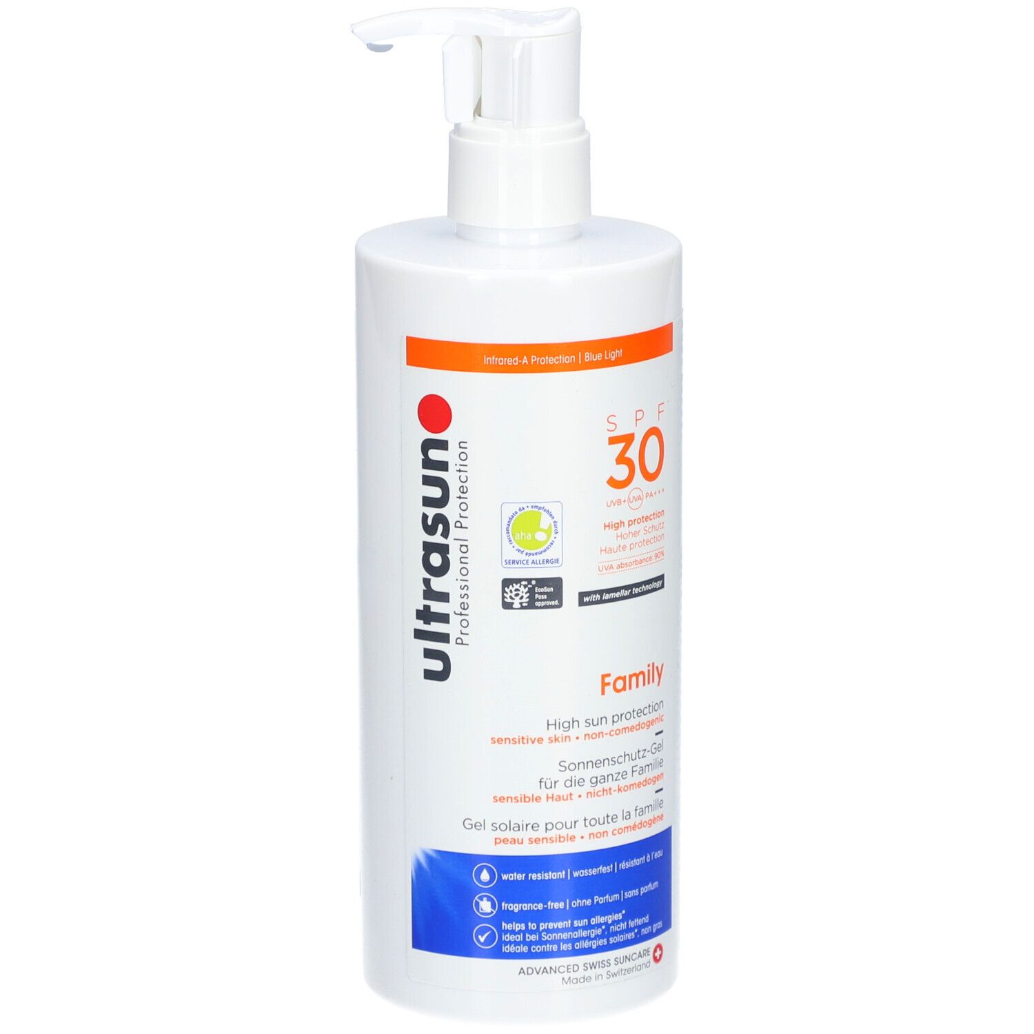 Flacon blanc avec pompe doseuse. Inscription SPF 30, Family, gel solaire. Logo : Ultrasun Professional Protection.