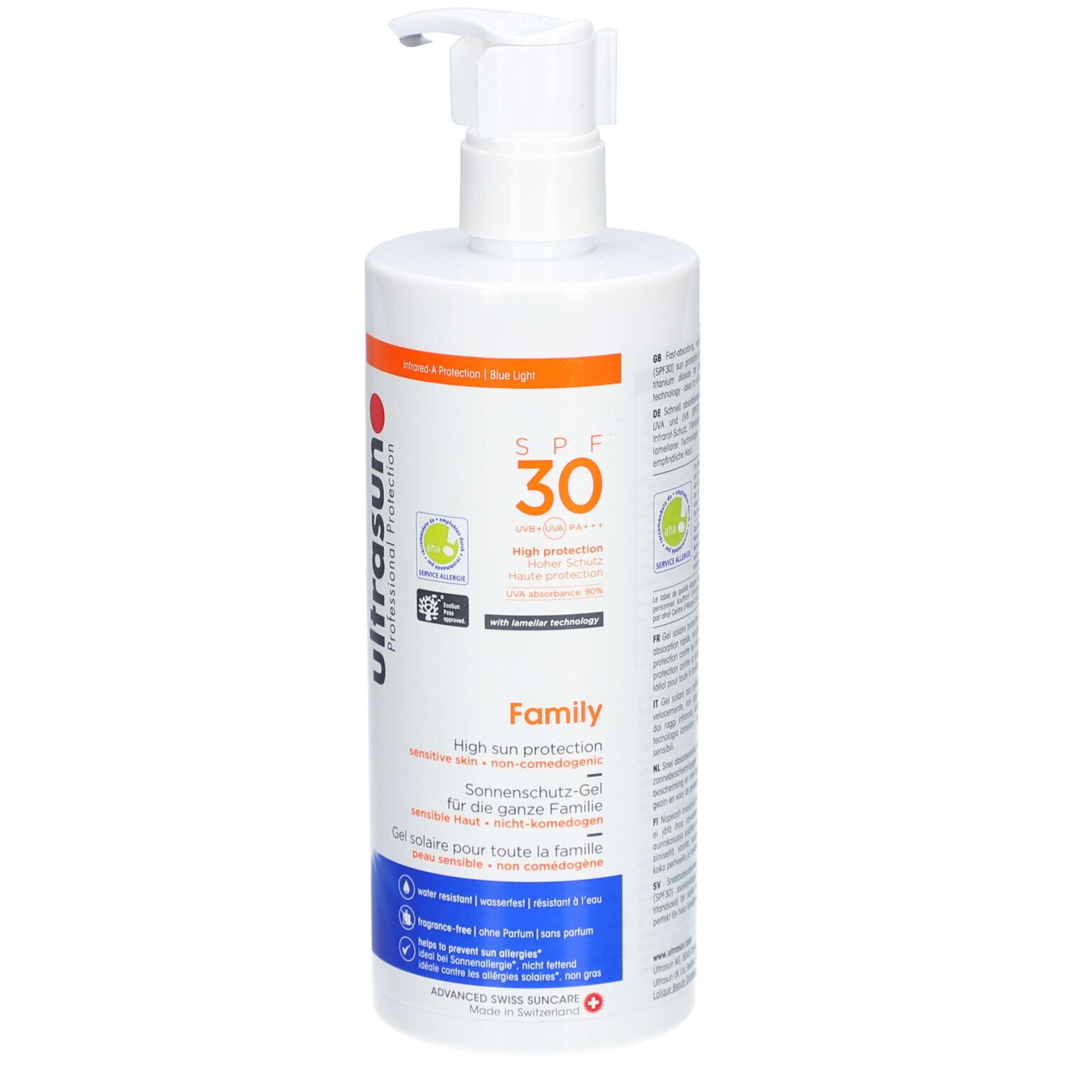 Flacon blanc avec pompe doseuse. Inscription SPF 30, Family, gel solaire. Logo : Ultrasun Professional Protection.