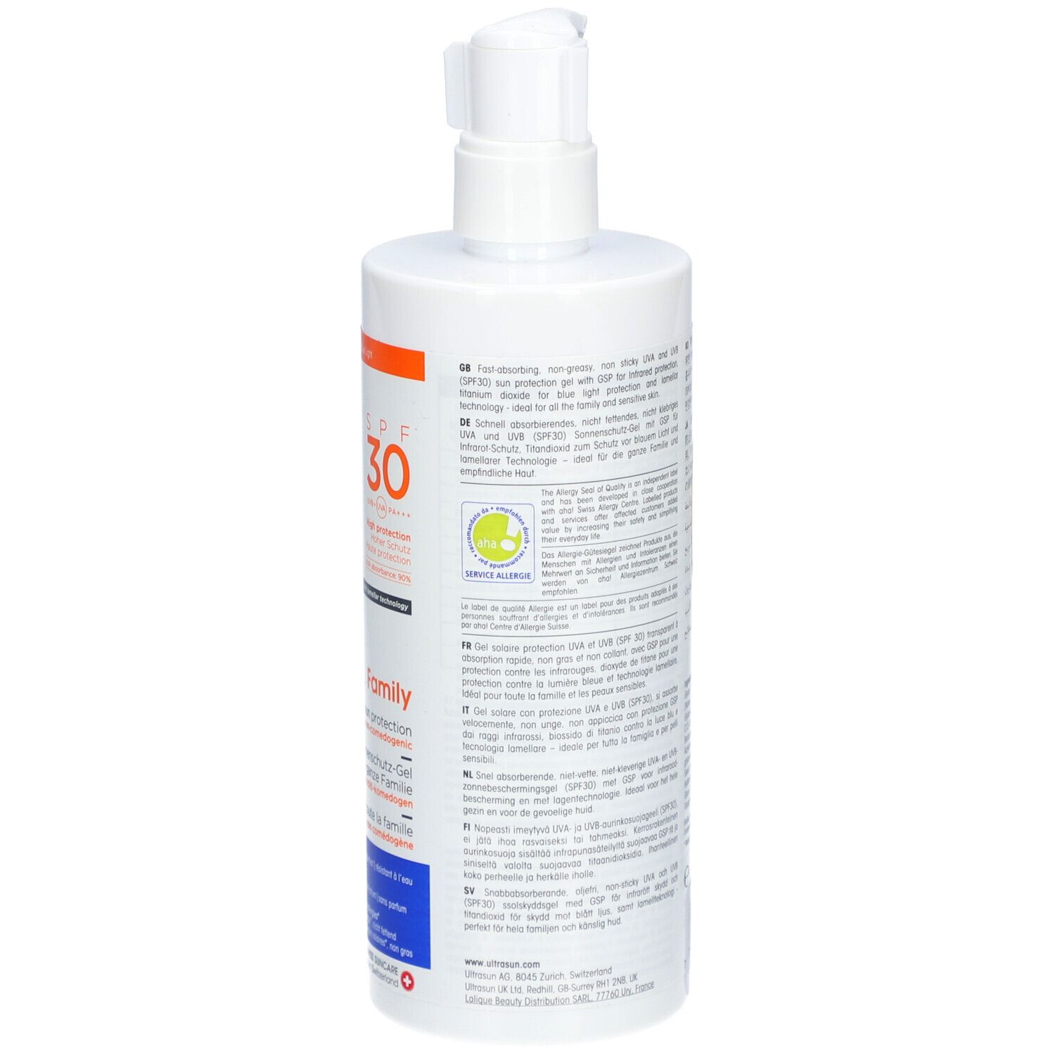 Flacon blanc avec pompe doseuse. Dos avec texte multilingue. Inscription SPF 30.