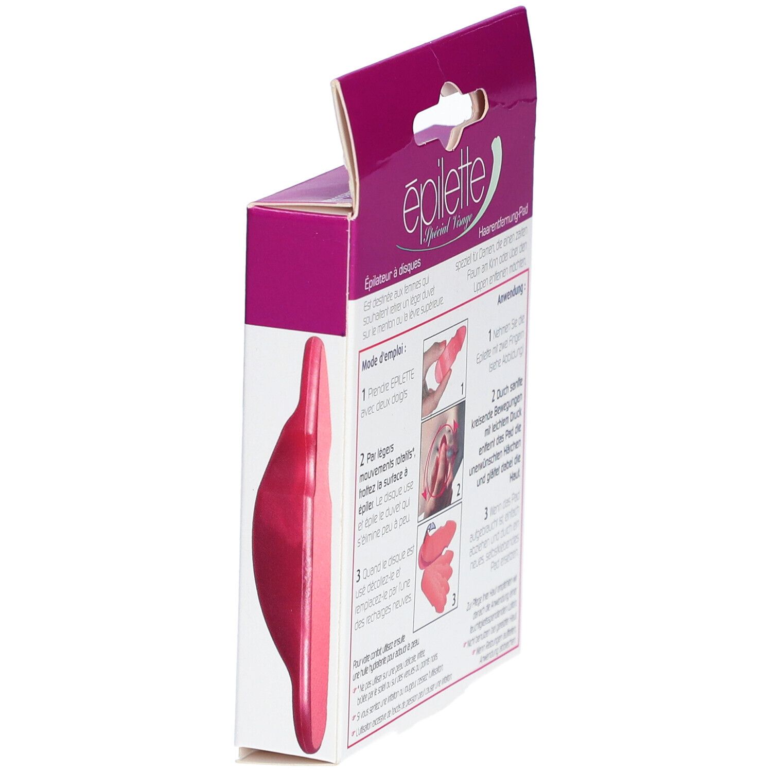 Vue latérale de la boîte avec épilateur rose. Texte: Epilette, Special Visage. Instructions d'utilisation.