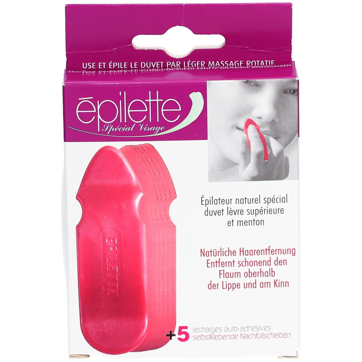Boîte avec épilateurs roses. Texte: Epilette, Special Visage. Contient 5 recharges. Illustration du produit.