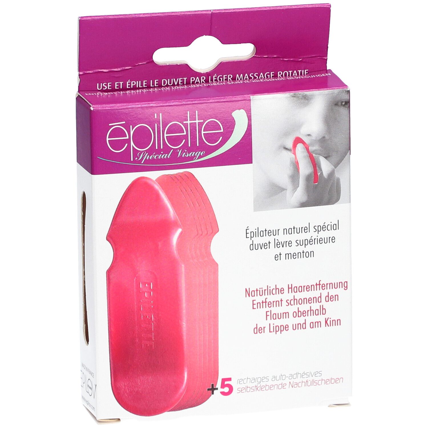 Boîte avec épilateurs roses. Texte: Epilette, Special Visage. Contient 5 recharges. Illustration du produit.