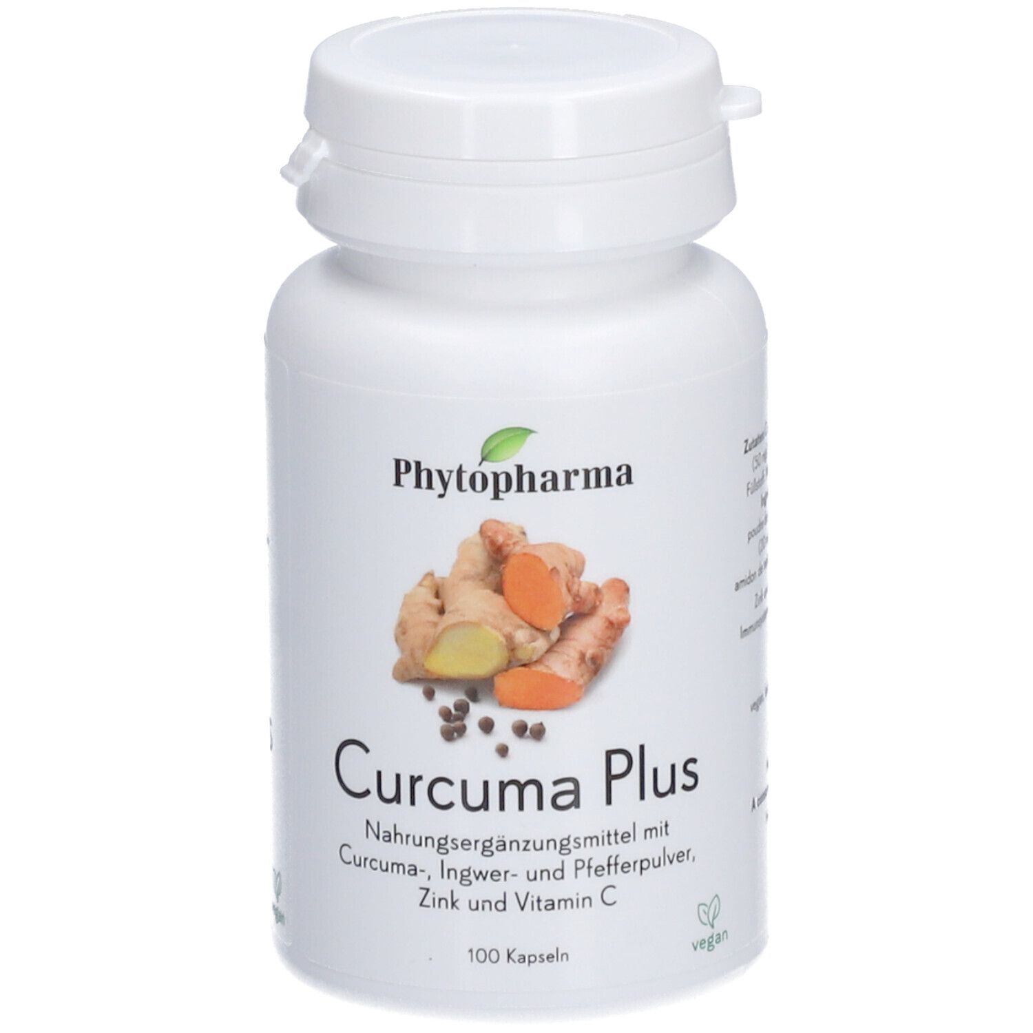 Flacon blanc de gélules. Inscription: Curcuma Plus. Illustration de curcuma, gingembre et poivre.