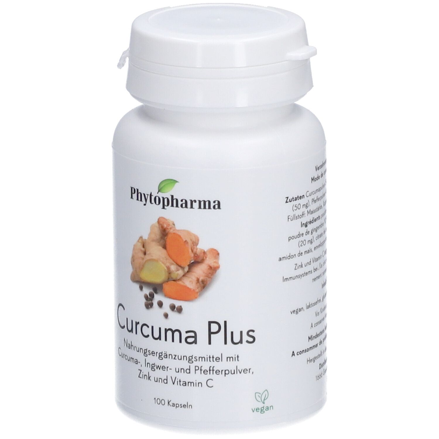 Flacon blanc de gélules. Inscription: Curcuma Plus. Illustration de curcuma, gingembre et poivre.