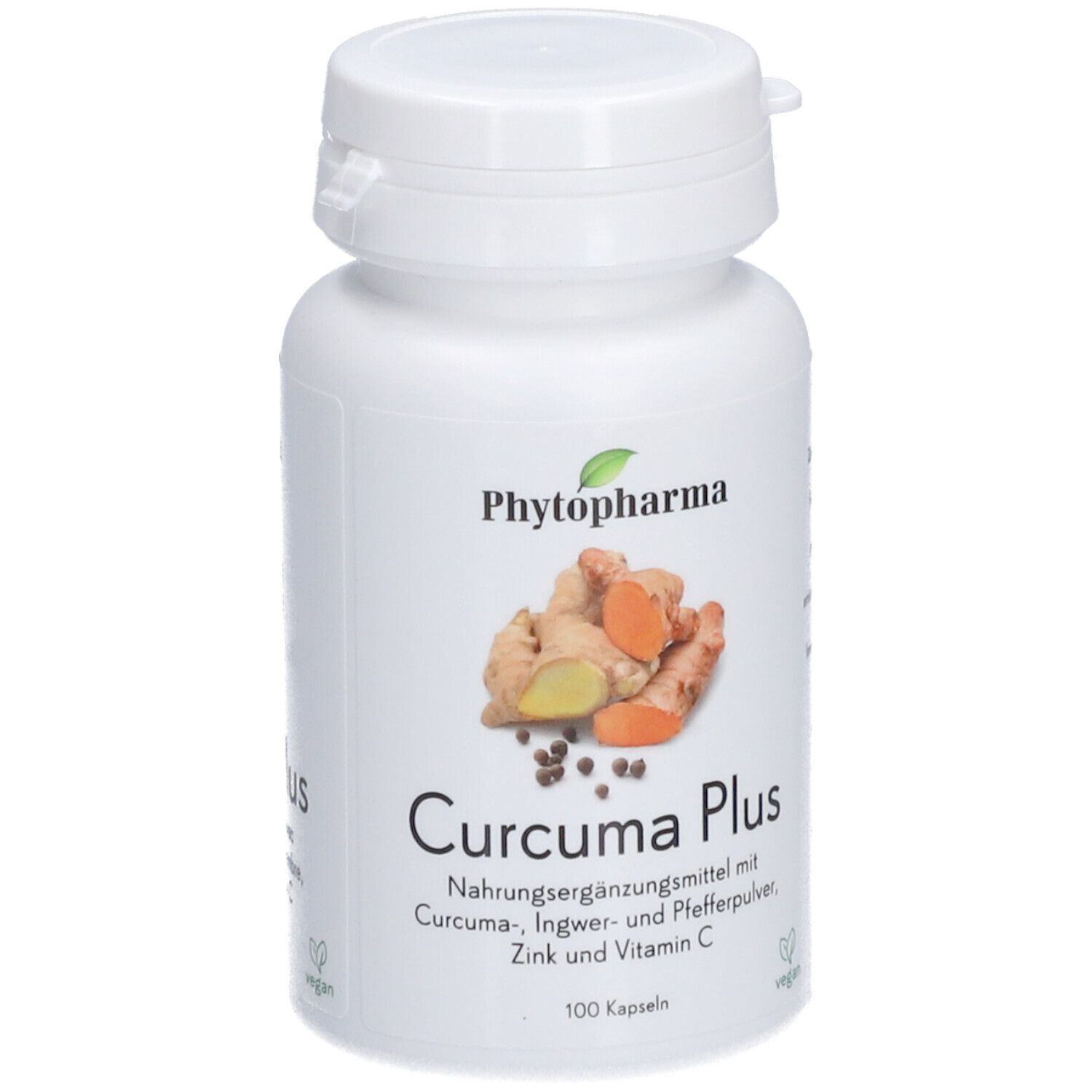 Flacon blanc de gélules. Inscription: Curcuma Plus. Illustration de curcuma, gingembre et poivre.