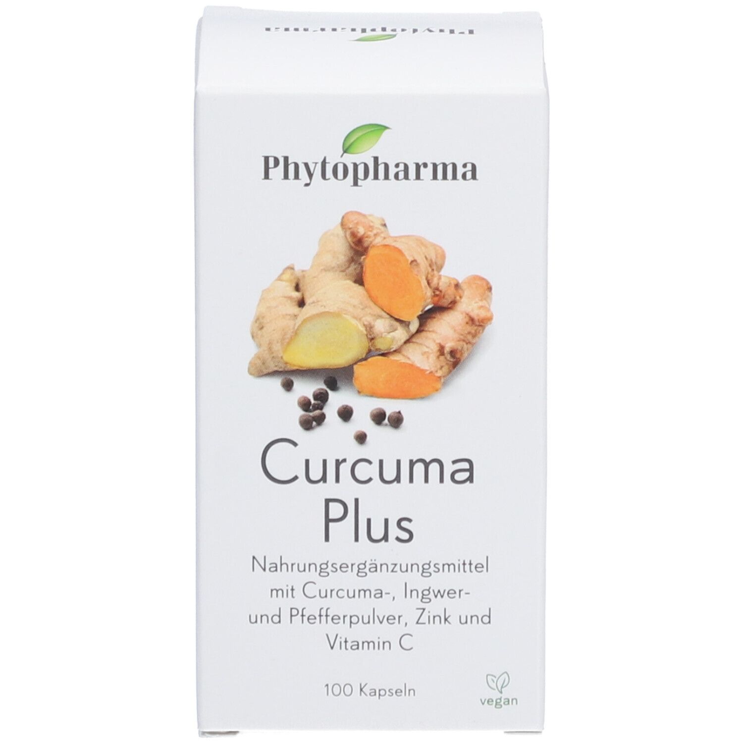 Emballage du produit. Inscription: Curcuma Plus. Illustration de curcuma, gingembre et poivre.