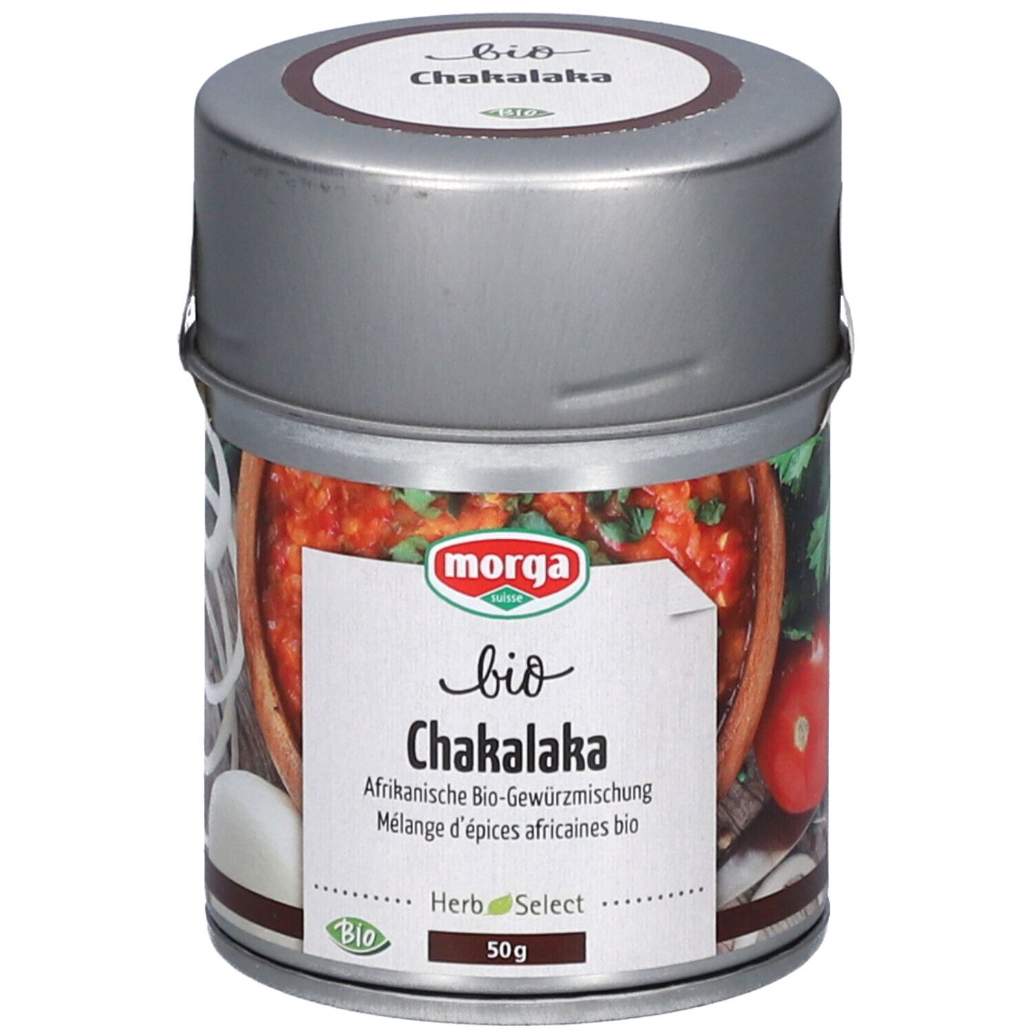 Gewürzmischung in Dose. Aufschrift: bio Chakalaka, Morga. 50g. Bio-Siegel.