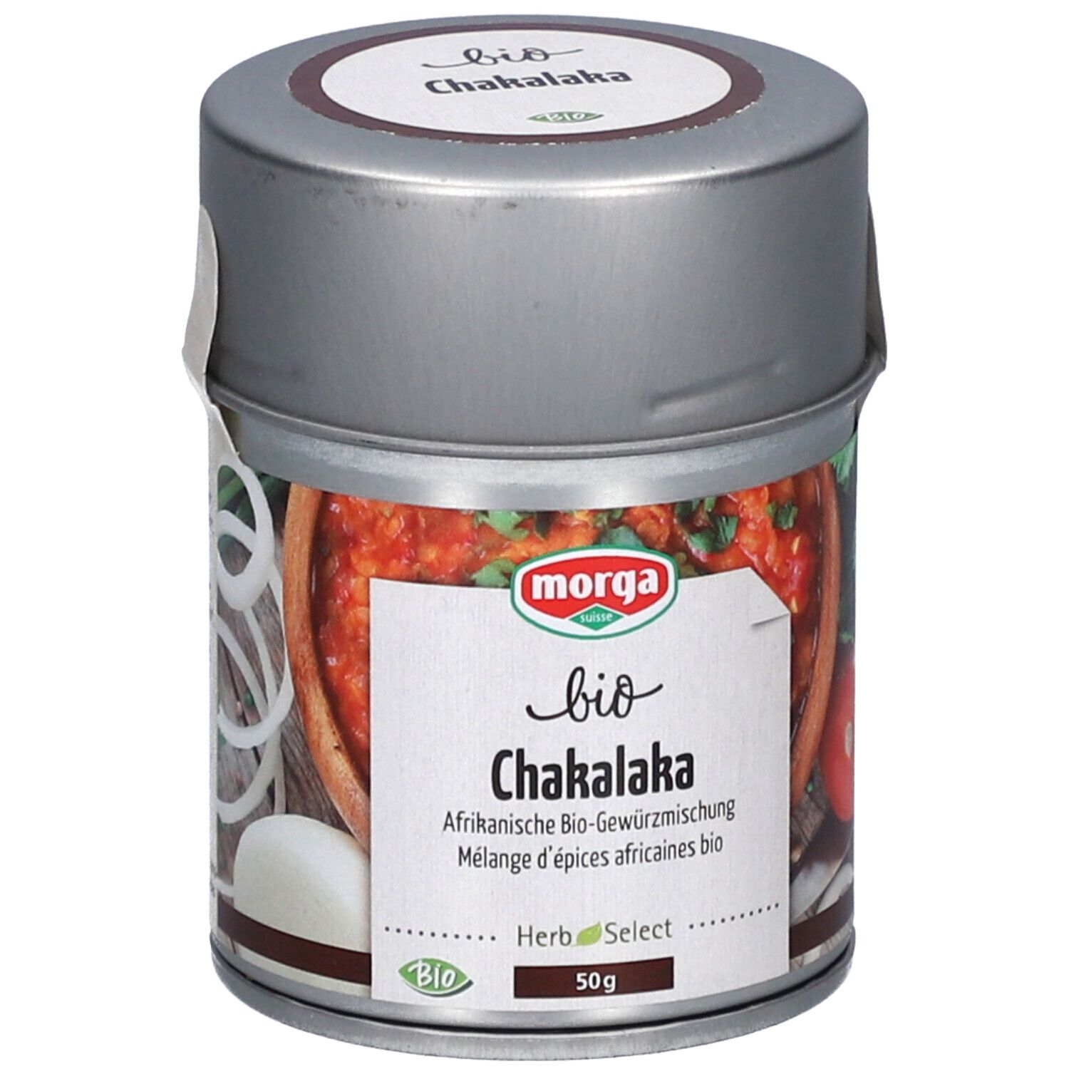Gewürzmischung in Dose. Aufschrift: bio Chakalaka, Morga. 50g. Bio-Siegel.