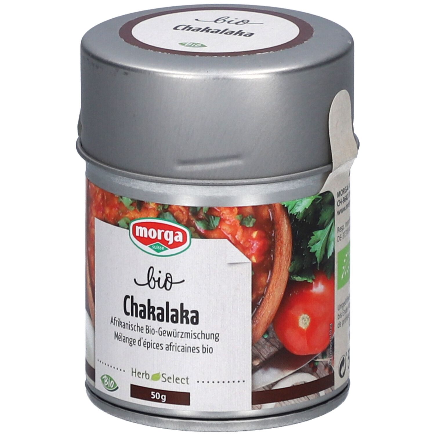 Gewürzmischung in Dose. Aufschrift: bio Chakalaka, Morga. 50g. Bio-Siegel.