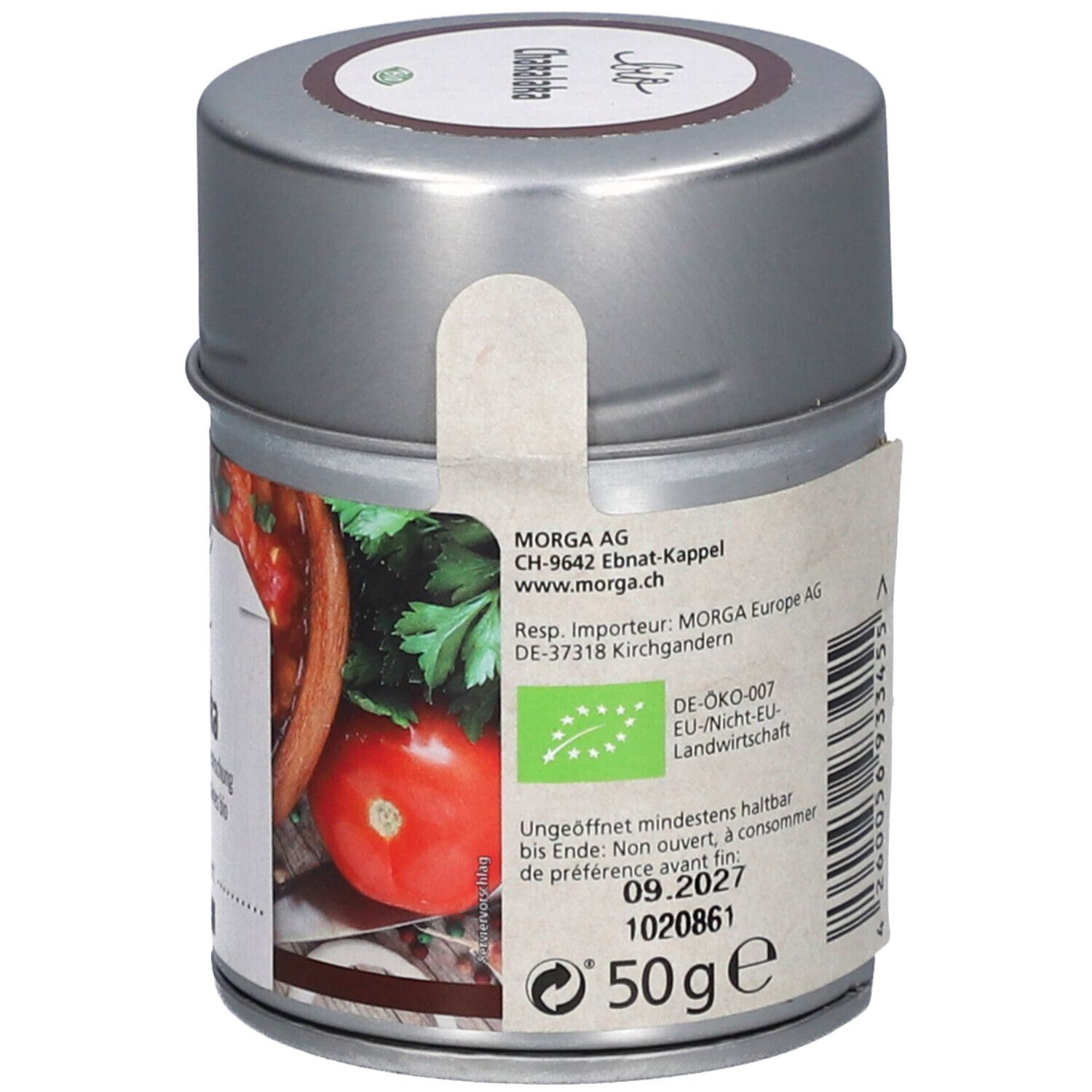 Dose mit Gewürzmischung. Aufschrift: bio Chakalaka, Morga. 50g. Mindesthaltbarkeit 09.2027.