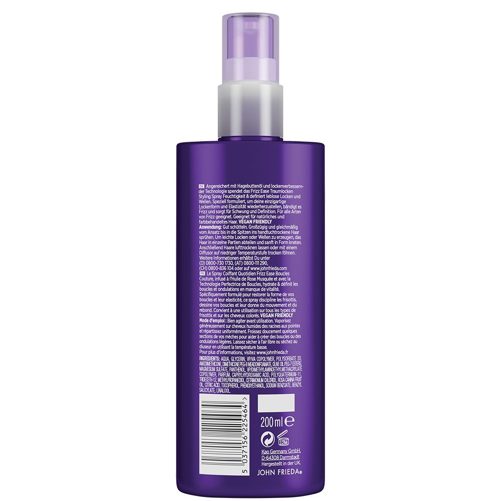 Flasche mit Spraykopf. Rückseite mit Text, Inhaltsstoffen und Logo. Vegan Friendly-Kennzeichnung. 200ml.