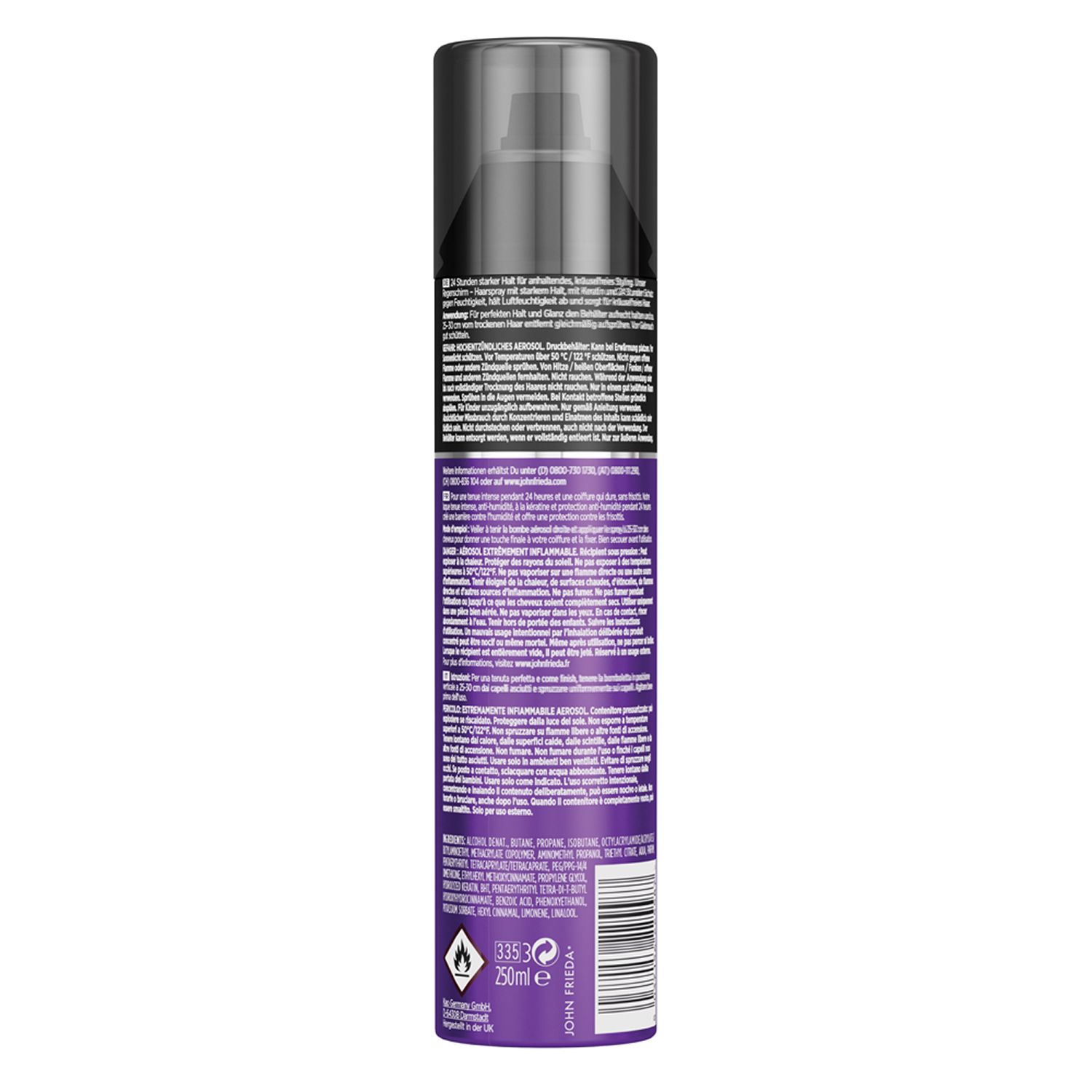 Rückseite einer Haarspray-Flasche mit Text in mehreren Sprachen. Enthält eine Barcode und Sicherheitszeichen.