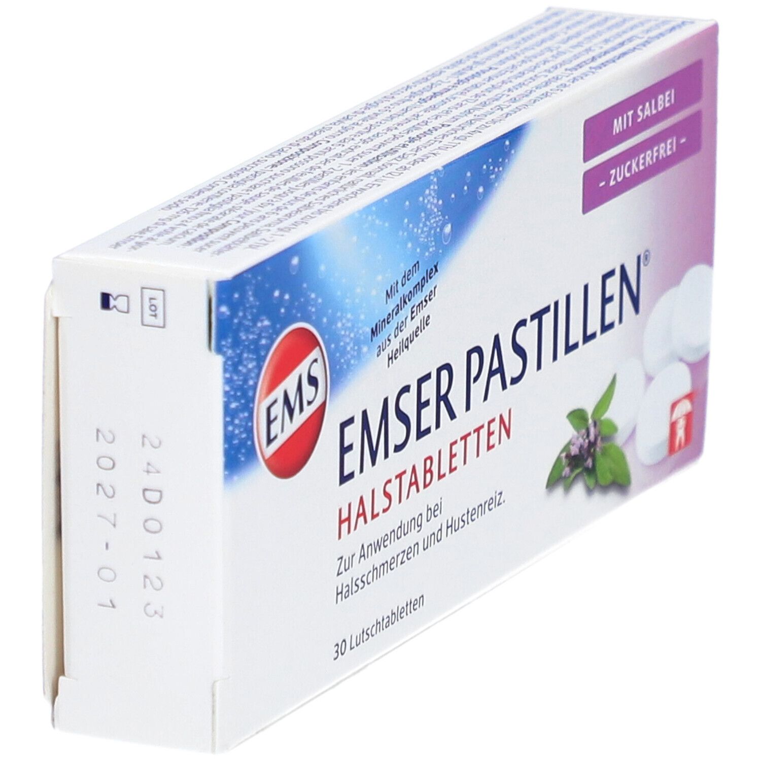 Schachtel Emser Pastillen, schräg. Aufdruck: Mit Salbei, zuckerfrei. Logo: EMS. 30 Lutschtabletten. Datumsstempel.