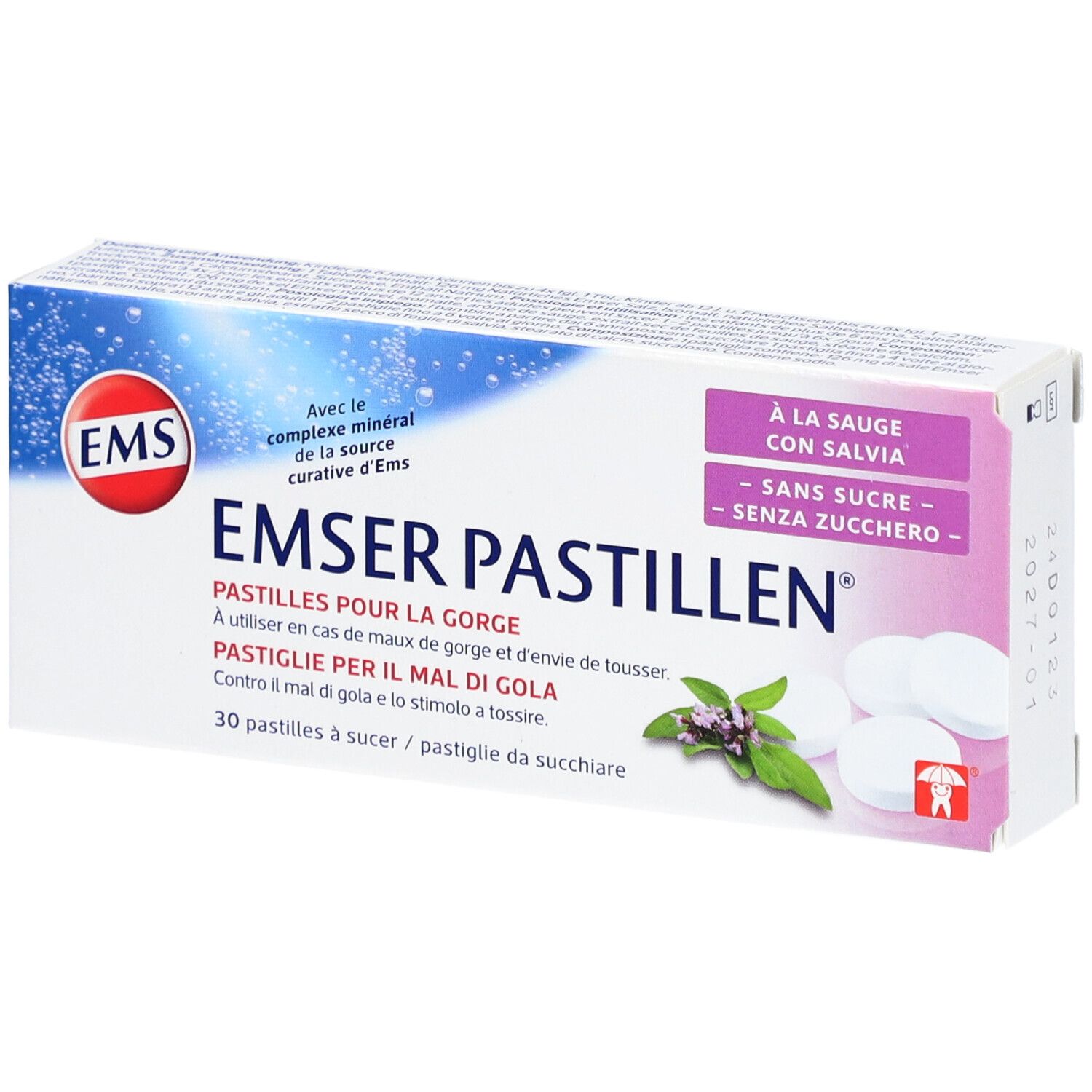 Schachtel Emser Pastillen, 30 Pastillen. Aufdruck: À la sauge, sans sucre. Logo: EMS. Text in Deutsch, Französisch, Italienisch.