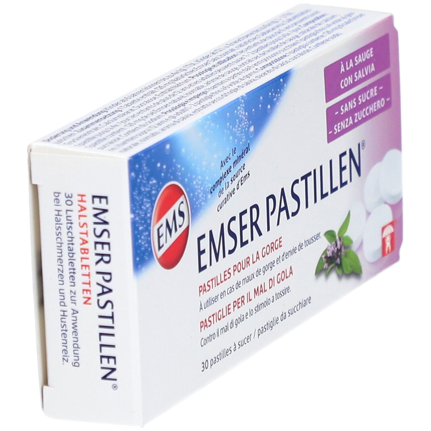 Schachtel Emser Pastillen, schräg. Aufdruck: À la sauge, sans sucre. Logo: EMS. Text in Deutsch, Französisch, Italienisch.