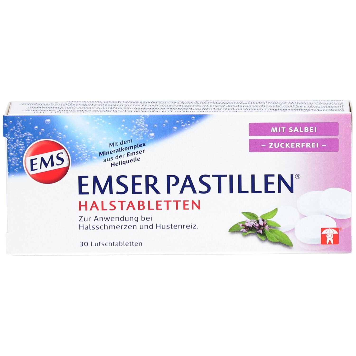Schachtel Emser Pastillen, 30 Lutschtabletten. Aufdruck: Mit Salbei, zuckerfrei. Logo: EMS.