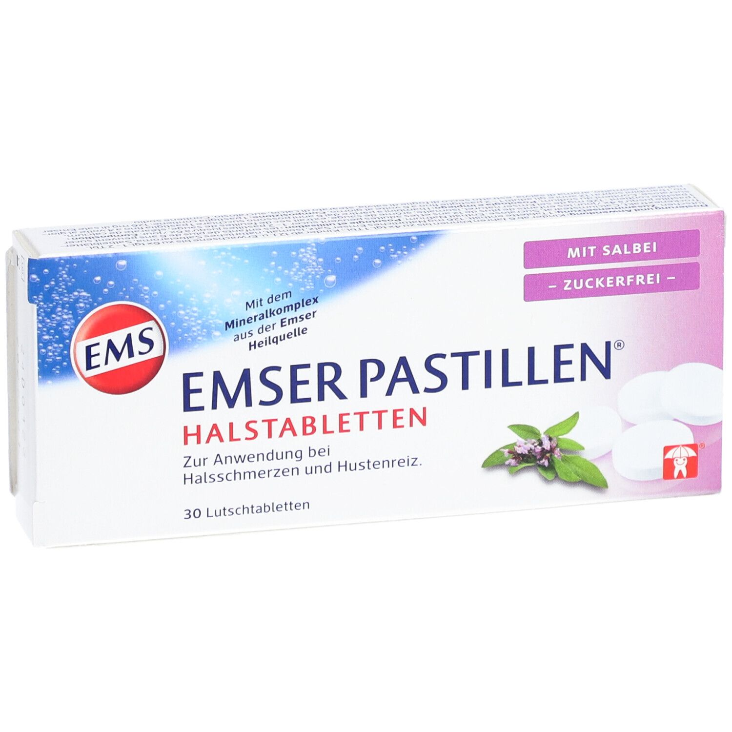 Schachtel Emser Pastillen, 30 Lutschtabletten. Aufdruck: Mit Salbei, zuckerfrei. Logo: EMS.