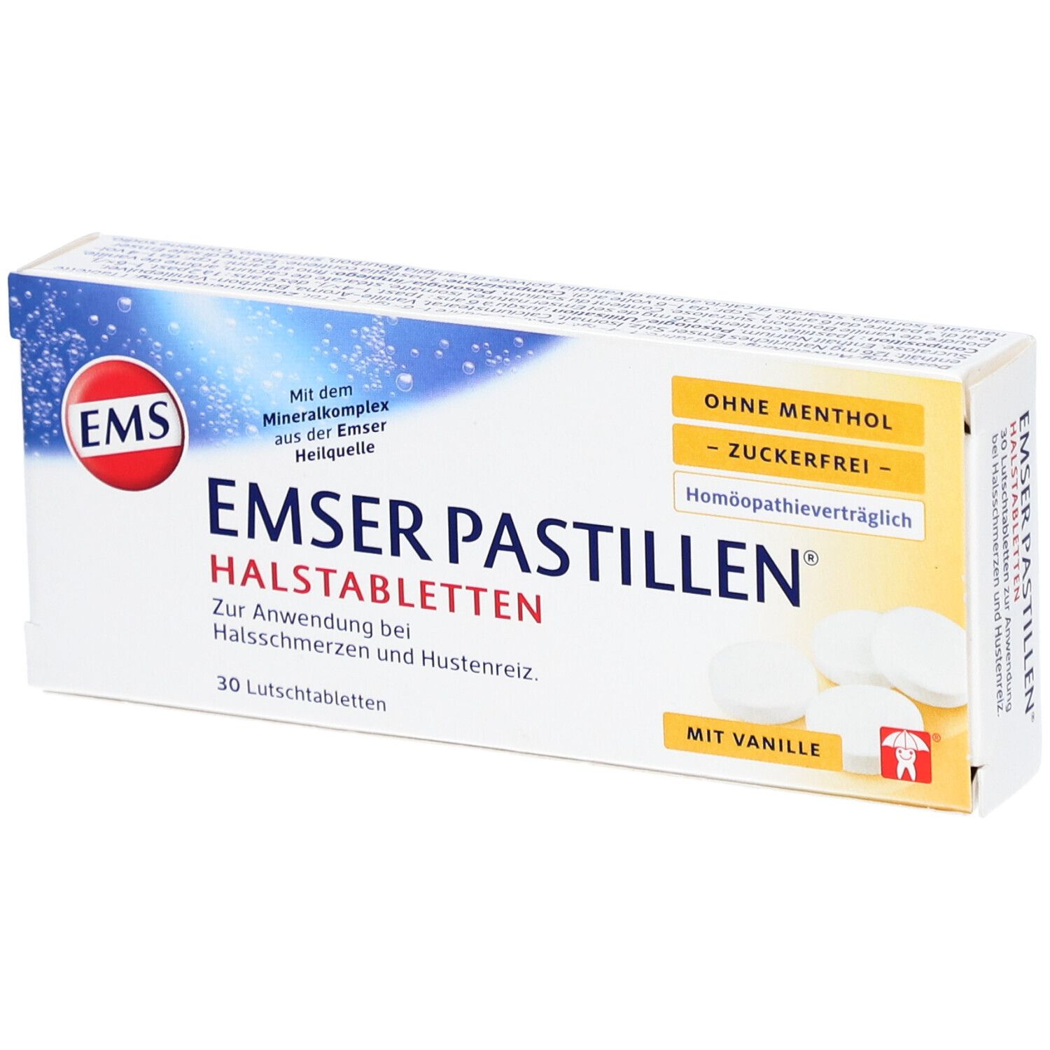 Schachtel mit Emser Pastillen. Aufschrift: Ohne Menthol, zuckerfrei. 30 Lutschtabletten. Weiße Tabletten liegen daneben.