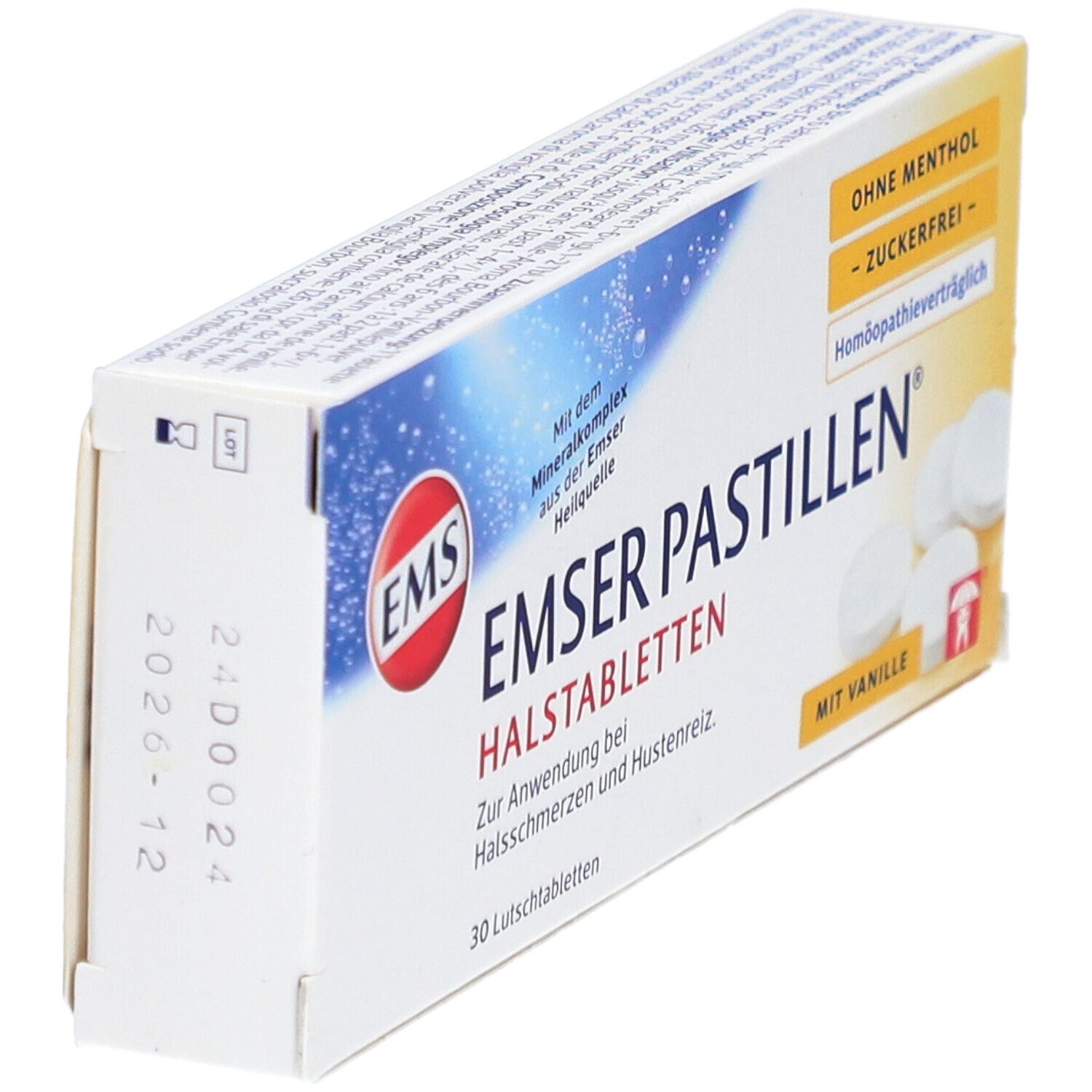 Schachtel mit Emser Pastillen. Aufschrift: Ohne Menthol, zuckerfrei. 30 Lutschtabletten. Detailansicht der Verpackung.