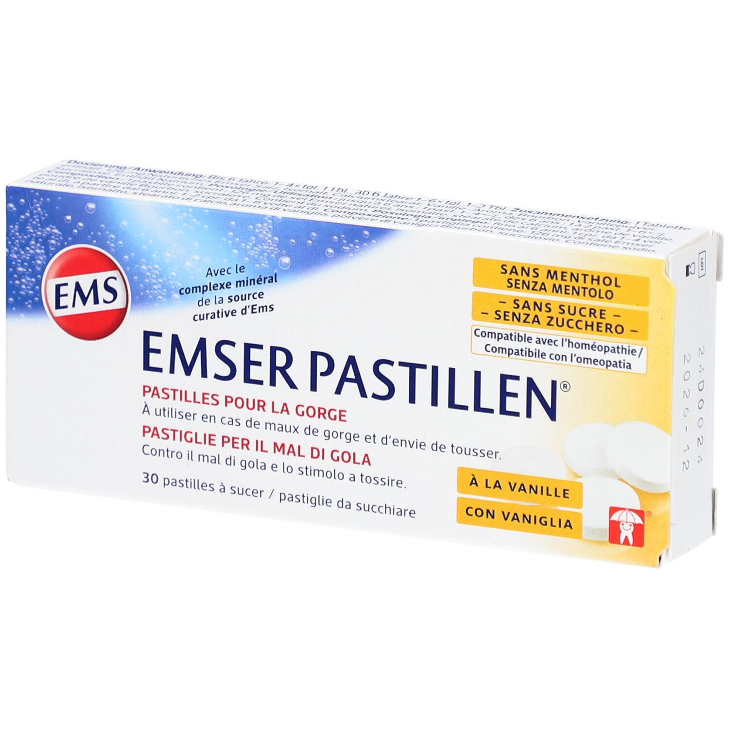 Schachtel mit Emser Pastillen. Aufschrift: Ohne Menthol, zuckerfrei. 30 Lutschtabletten. Mehrsprachige Beschriftung.