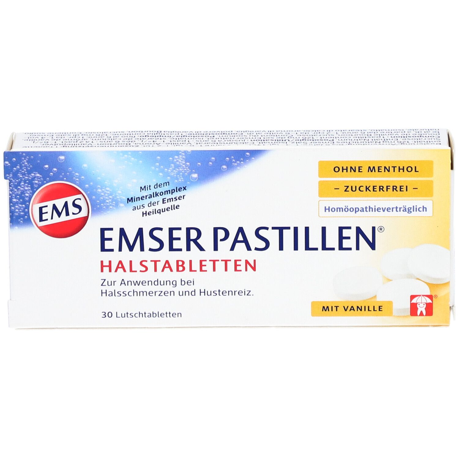 Schachtel mit Emser Pastillen. Aufschrift: Ohne Menthol, zuckerfrei. 30 Lutschtabletten. Draufsicht.