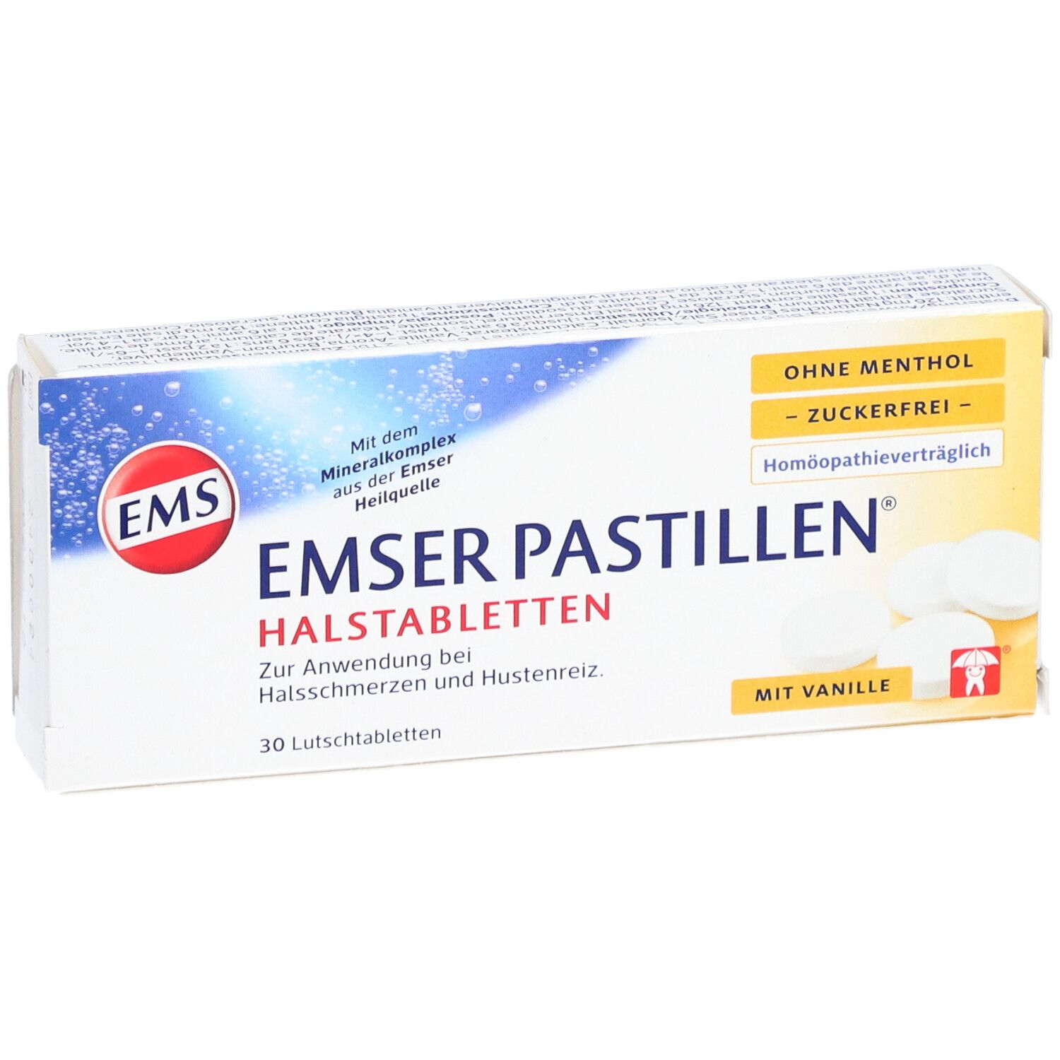 Schachtel mit Emser Pastillen. Aufschrift: Ohne Menthol, zuckerfrei. 30 Lutschtabletten. Nahaufnahme.