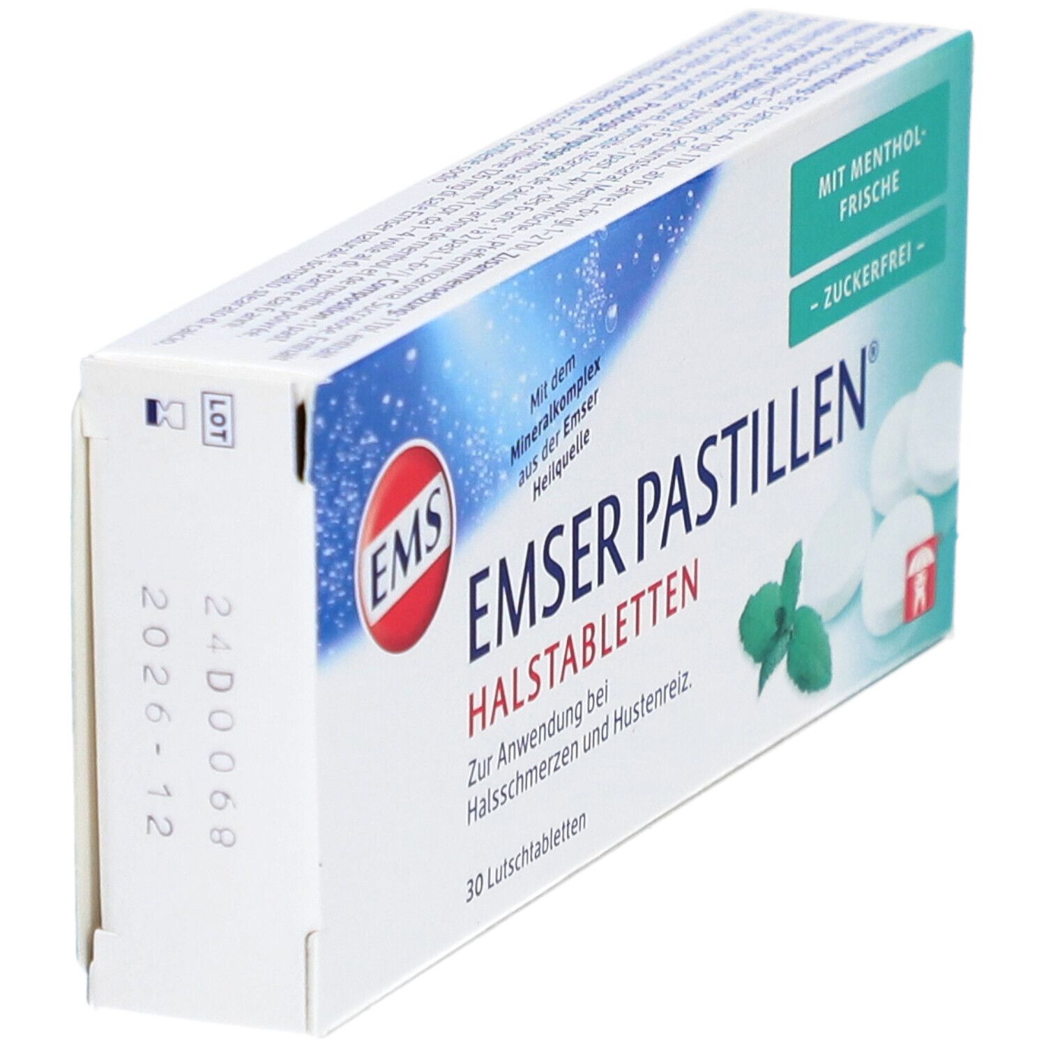 Schachtel Emser Pastillen, zuckerfrei, Mentholfrische. Aufschrift: Halstabletten. Logo: EMS. 30 Lutschtabletten. Datumsstempel.