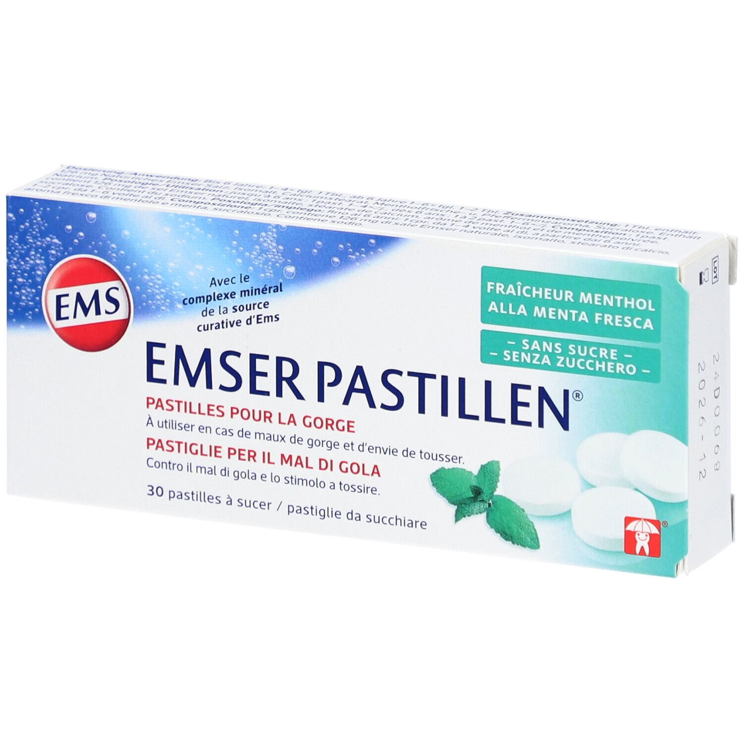 Schachtel mit Emser Pastillen. Aufschrift: Pastillen für die Kehle, zuckerfrei, Mentholfrische. 30 Lutschtabletten. Logo: EMS.
