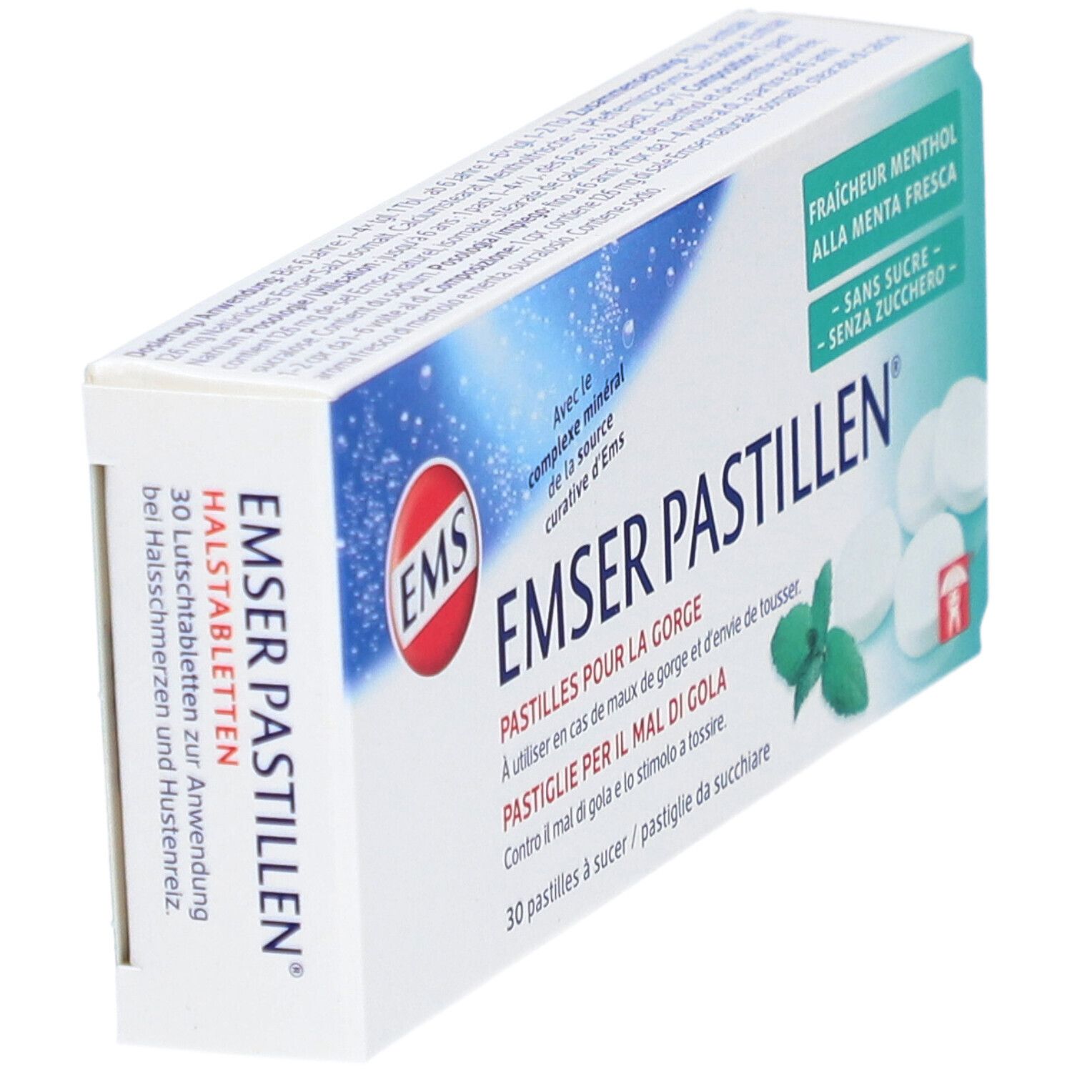 Schachtel mit Emser Pastillen. Aufschrift: Halstabletten, zuckerfrei, Mentholfrische. 30 Lutschtabletten. Logo: EMS.