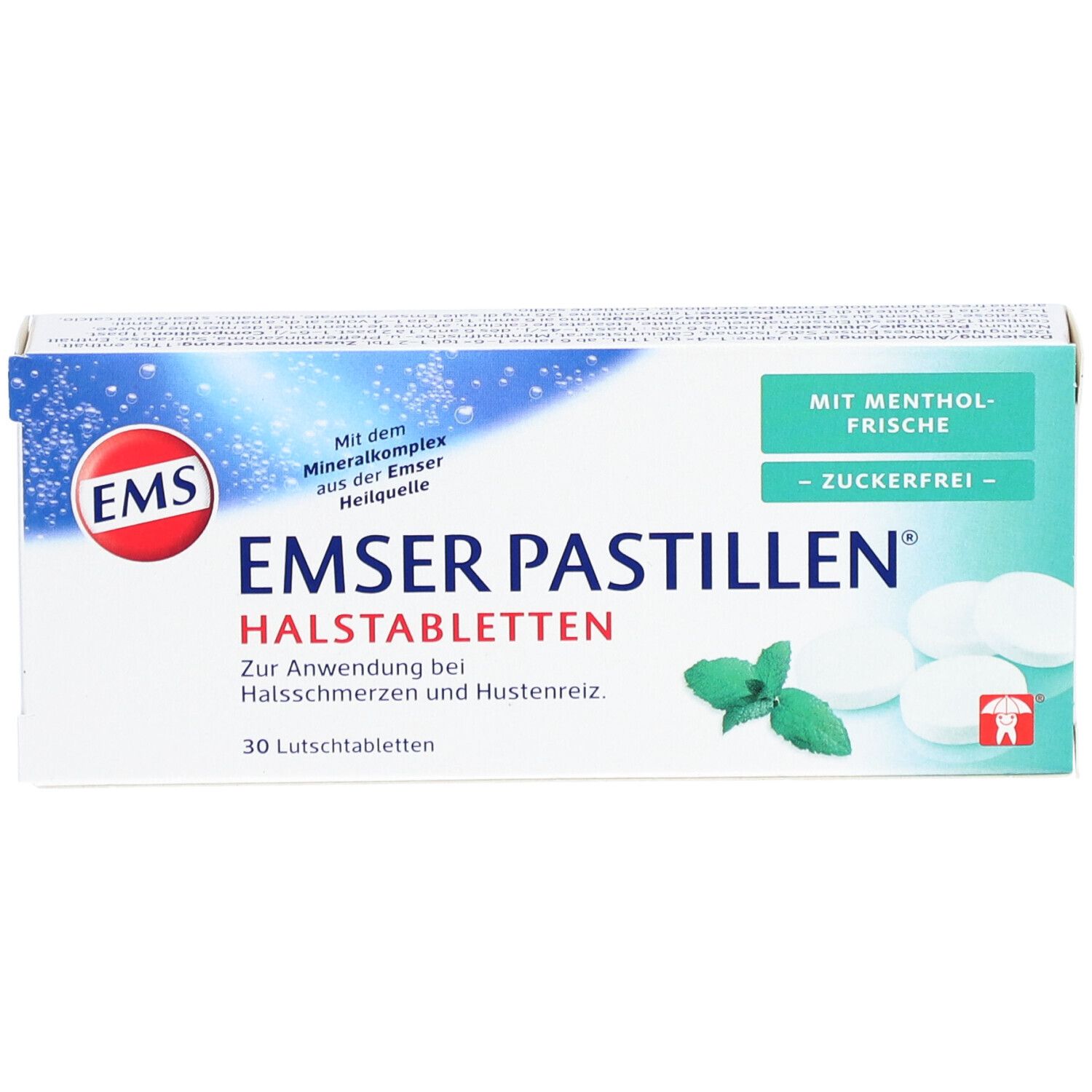 Schachtel mit Emser Pastillen. Aufschrift: Halstabletten, zuckerfrei, Mentholfrische. 30 Lutschtabletten. Logo: EMS.