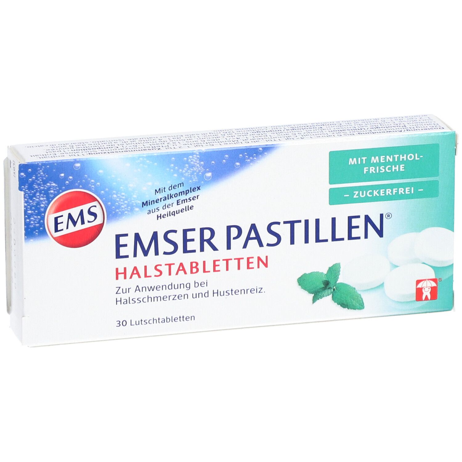 Schachtel mit Emser Pastillen. Aufschrift: Halstabletten, zuckerfrei, Mentholfrische. 30 Lutschtabletten. Logo: EMS.