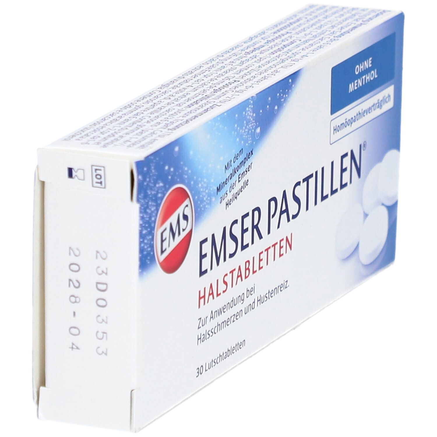 Schachtel EMSER Pastillen. Blaue und weiße Verpackung. 30 Lutschtabletten. Ohne Menthol. Seitenansicht.