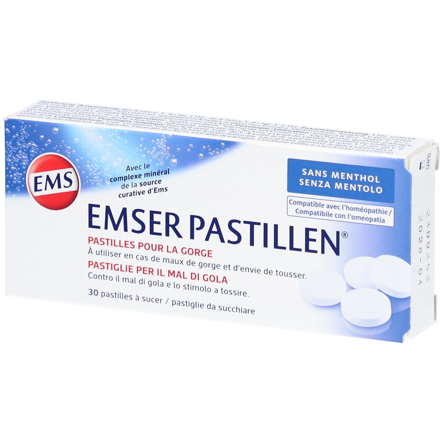 Schachtel EMSER Pastillen. Mehrsprachige Verpackung. 30 Lutschtabletten. Ohne Menthol. Homöopathisch.