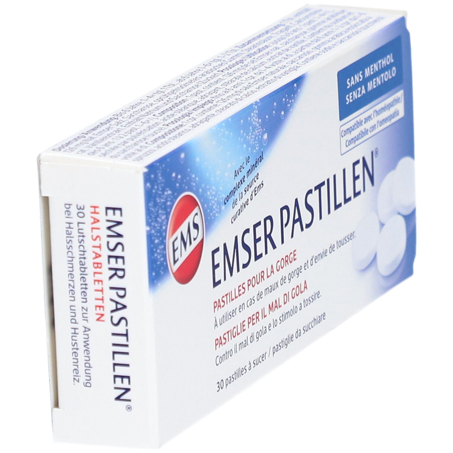 Schachtel EMSER Pastillen. Mehrsprachige Verpackung. 30 Lutschtabletten. Ohne Menthol. Schrägansicht.
