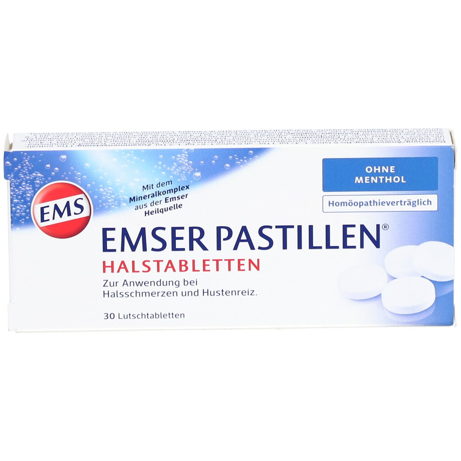 Schachtel EMSER Pastillen. Blaue und weiße Verpackung. 30 Lutschtabletten. Ohne Menthol. Draufsicht.