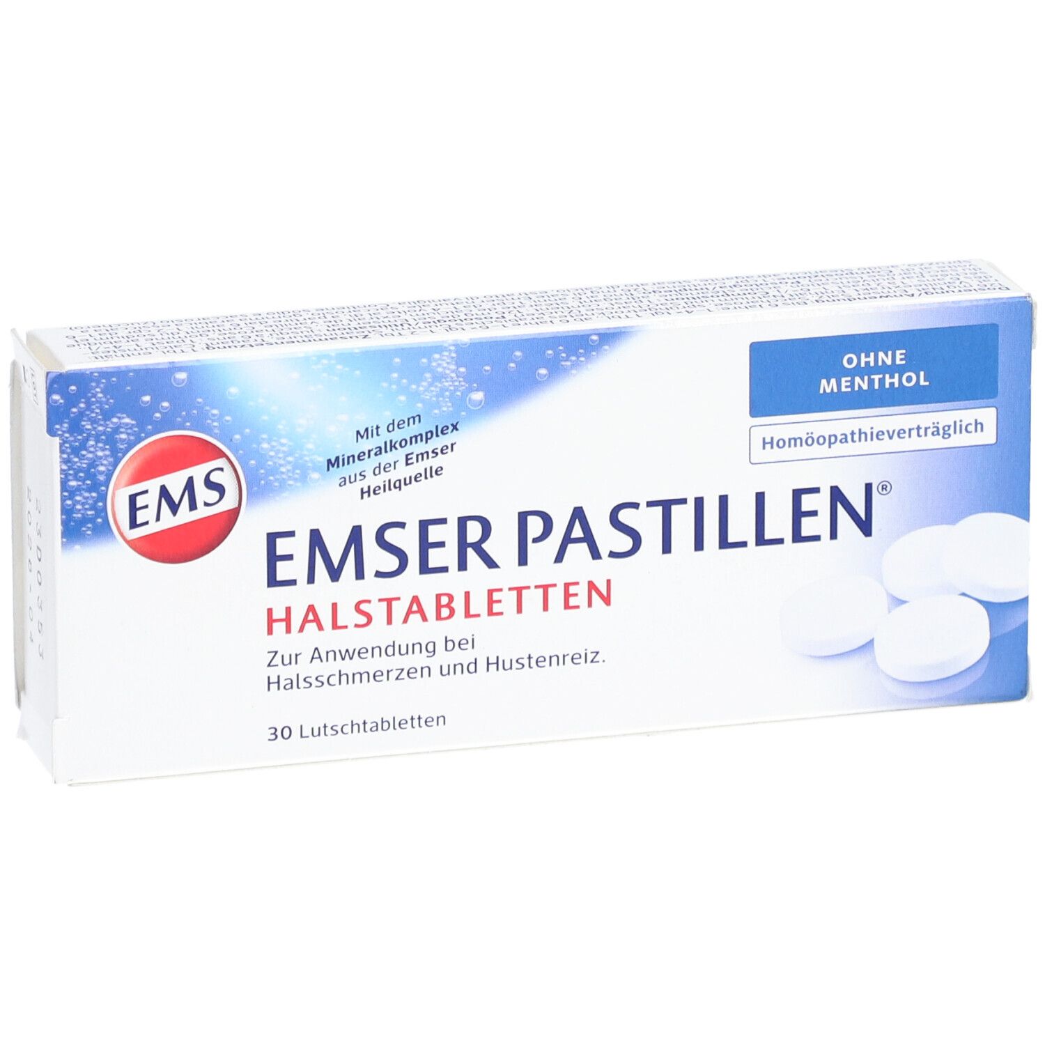 Schachtel EMSER Pastillen. Blaue und weiße Verpackung. 30 Lutschtabletten. Ohne Menthol. Nahaufnahme.