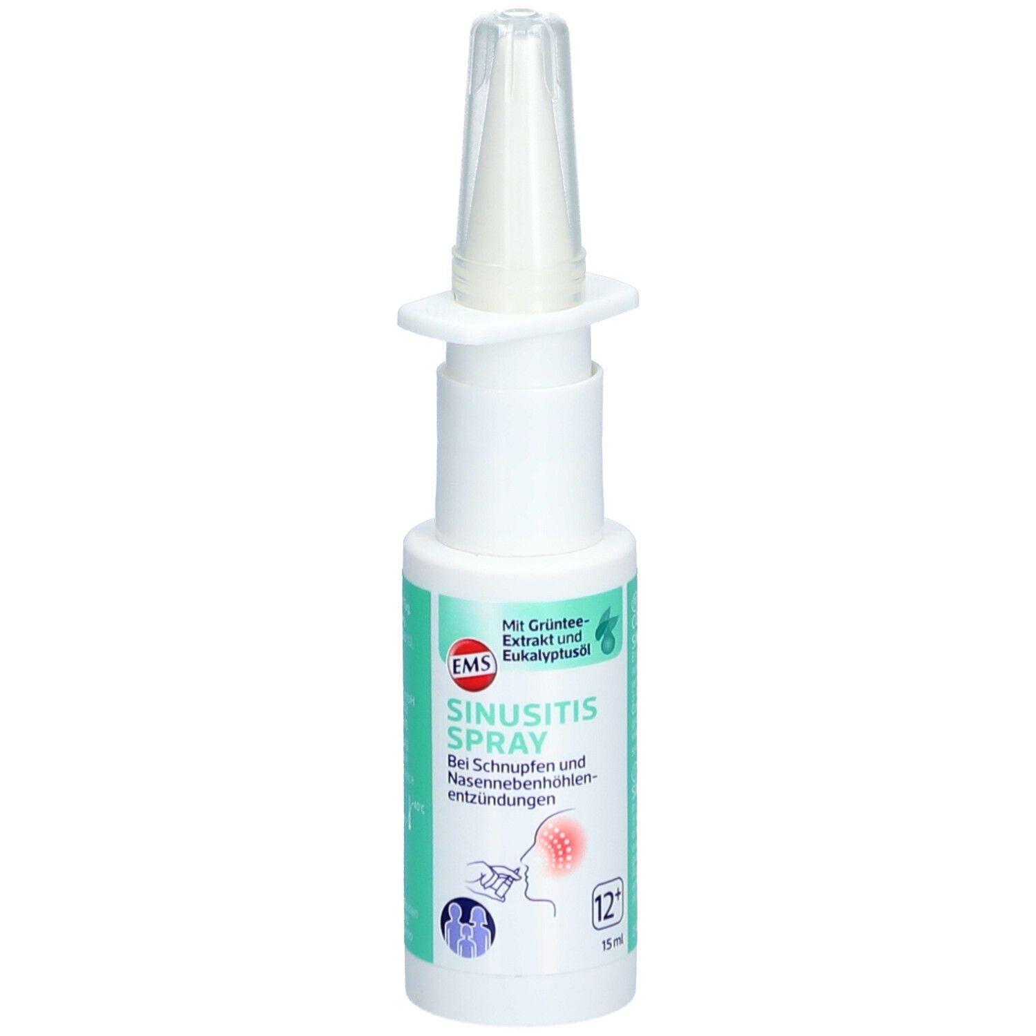 Weiße Sprühflasche mit grünem Etikett. Text: EMS Sinusitis Spray. Mit Eukalyptusöl. 12 ml. Nasenapplikator.