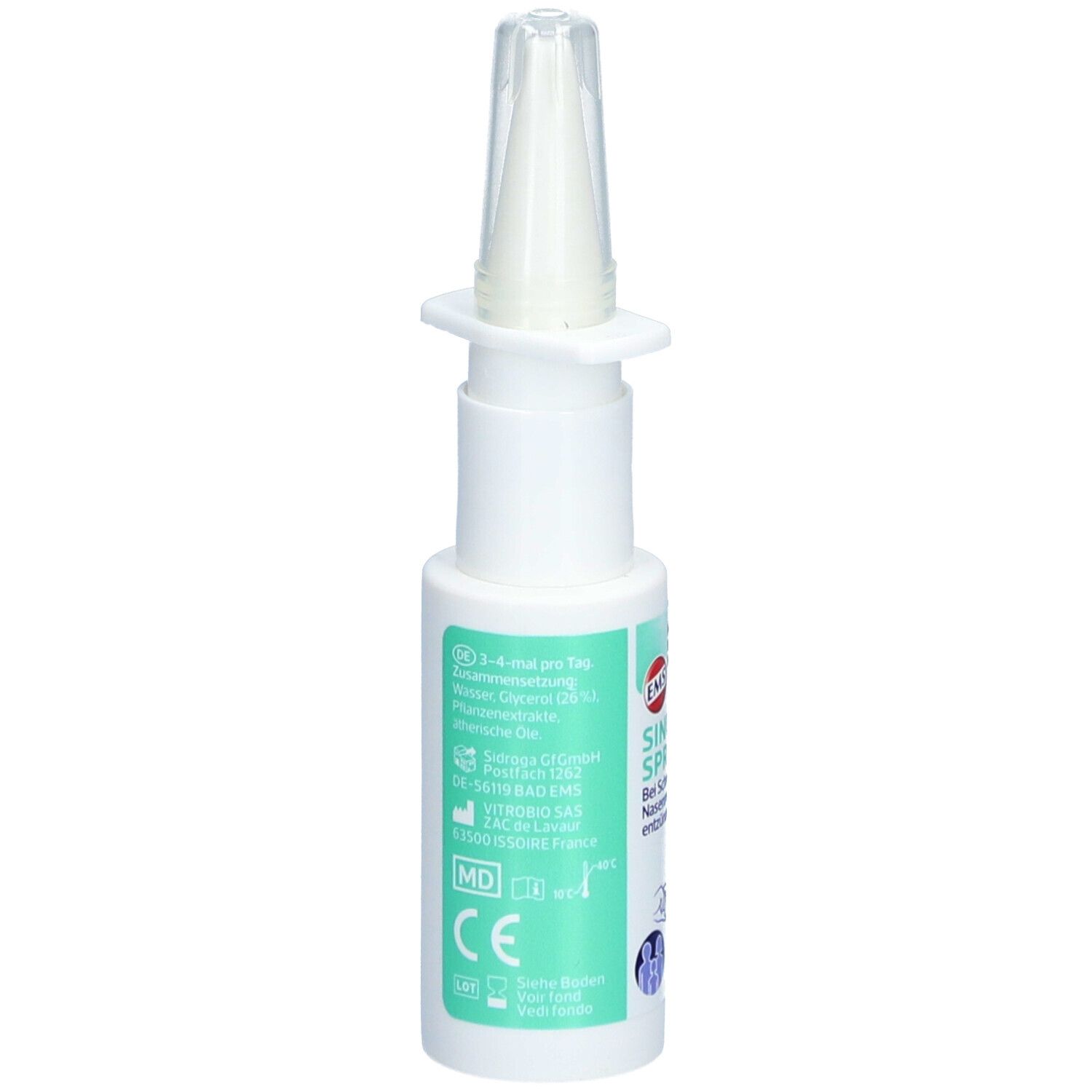 Weiße Sprühflasche mit grünem Etikett. Text: EMS Sinusitis Spray. Mit Eukalyptusöl. 12 ml. Rückseite mit Text.