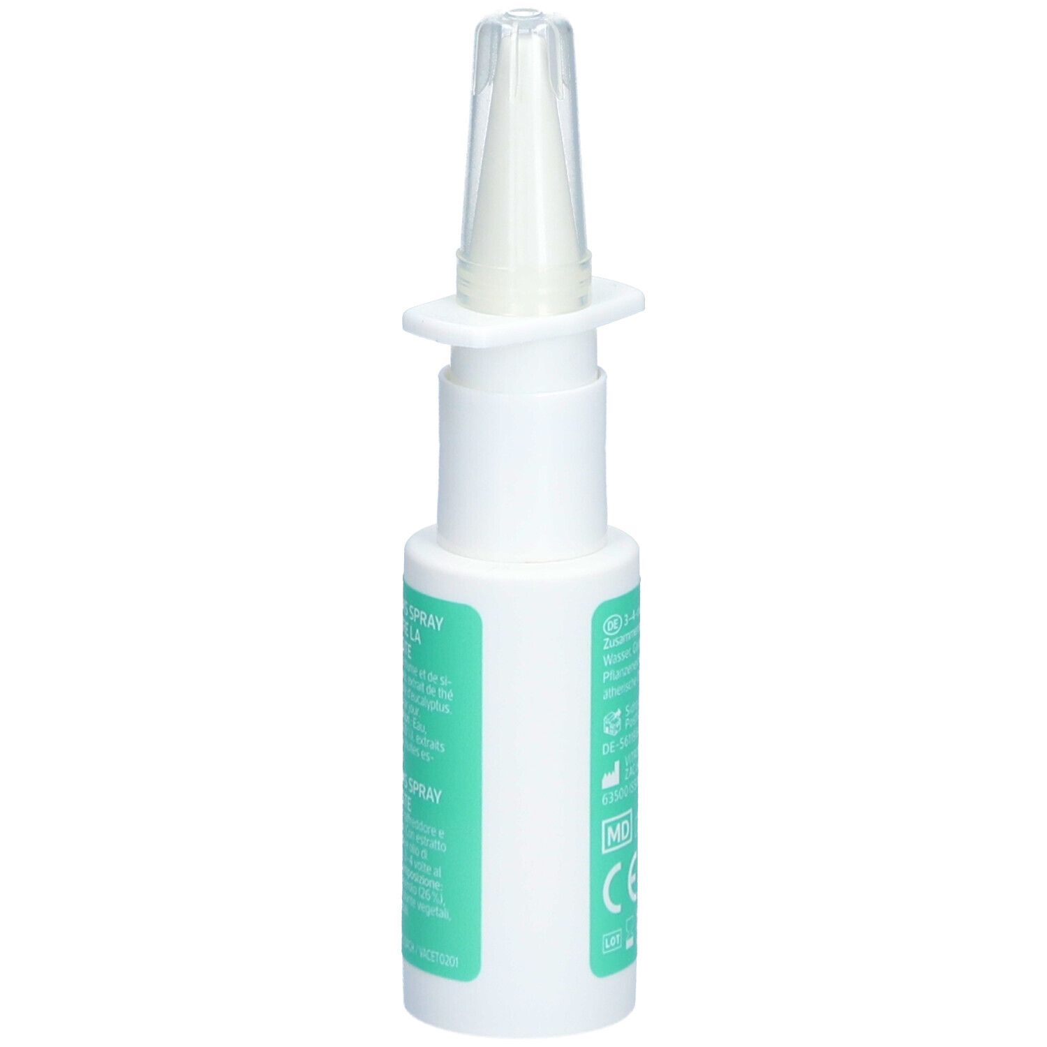 Weiße Sprühflasche mit grünem Etikett. Text: EMS Sinusitis Spray. Mit Eukalyptusöl. 12 ml. Seitenansicht.