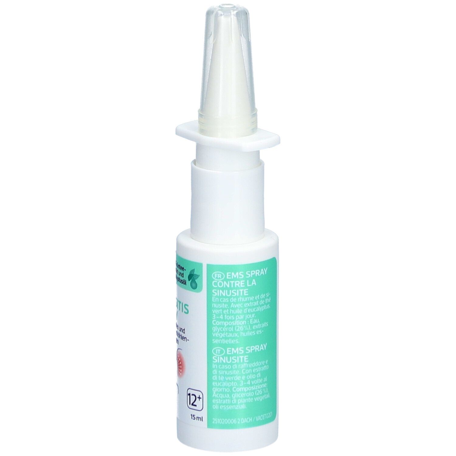 Weiße Sprühflasche mit grünem Etikett. Text: EMS Spray Contre la Sinusite. Mit Eukalyptusöl. 12 ml. Rückseite.
