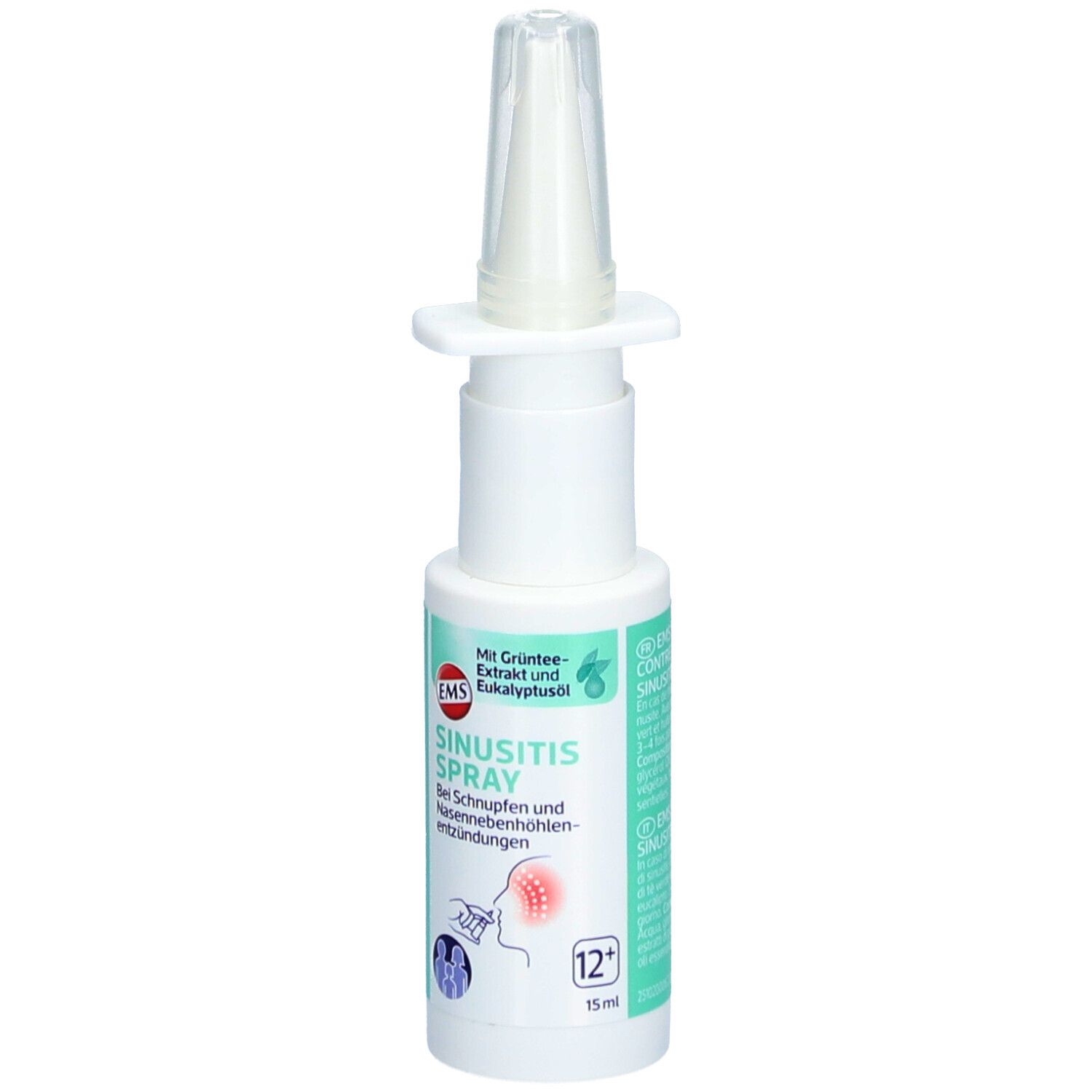 Weiße Sprühflasche mit grünem Etikett. Text: EMS Sinusitis Spray. Mit Eukalyptusöl. 12 ml. Nasenapplikator.