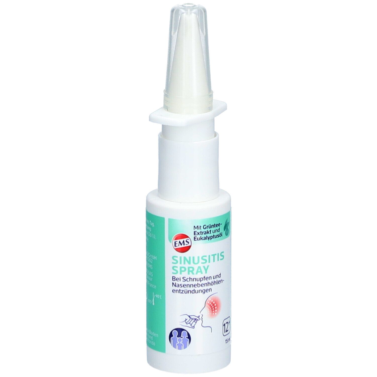 Weiße Sprühflasche mit grünem Etikett. Text: EMS Sinusitis Spray. Mit Eukalyptusöl. 12 ml. Nasenapplikator.