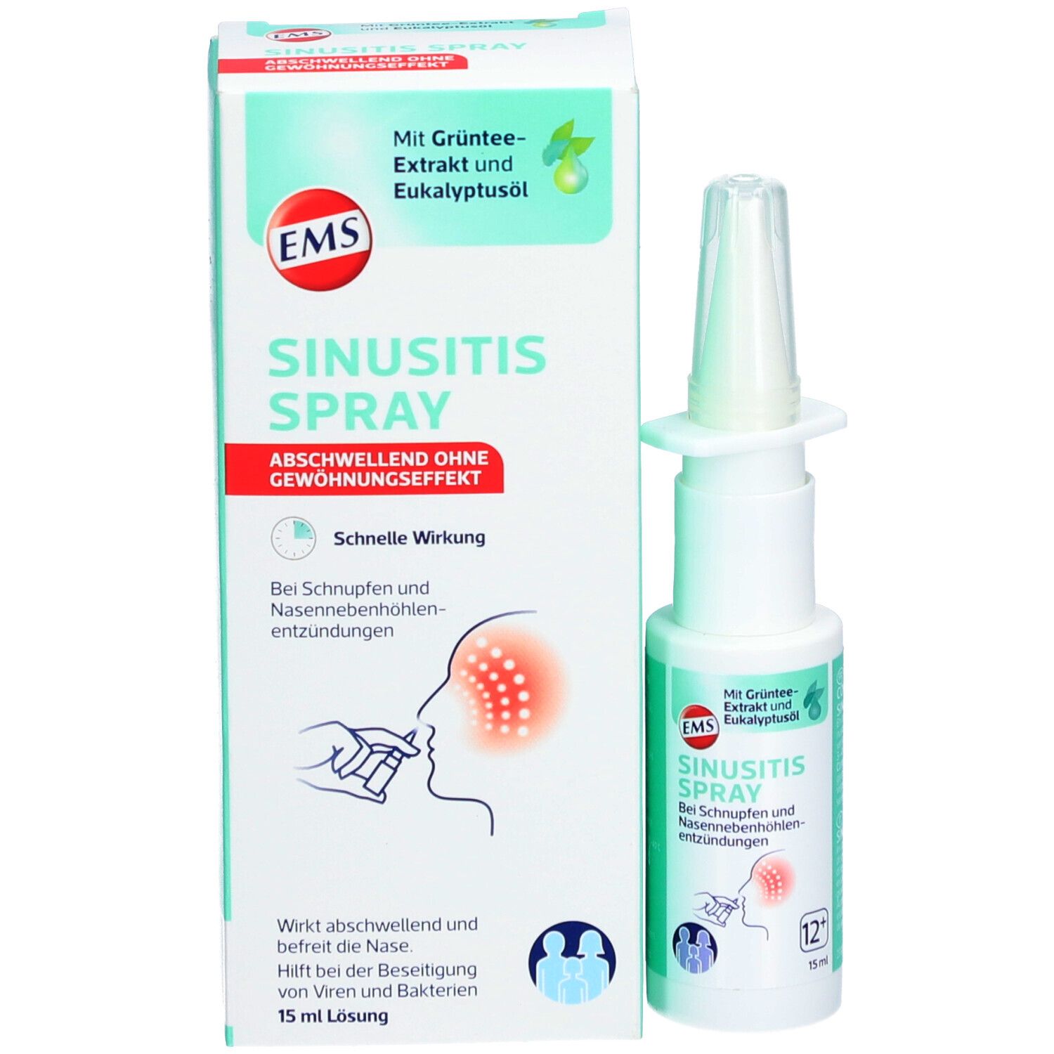 Produktpackung mit Sprühflasche. Text: EMS Sinusitis Spray. Mit Eukalyptusöl. 12 ml. Schachtel und Flasche.